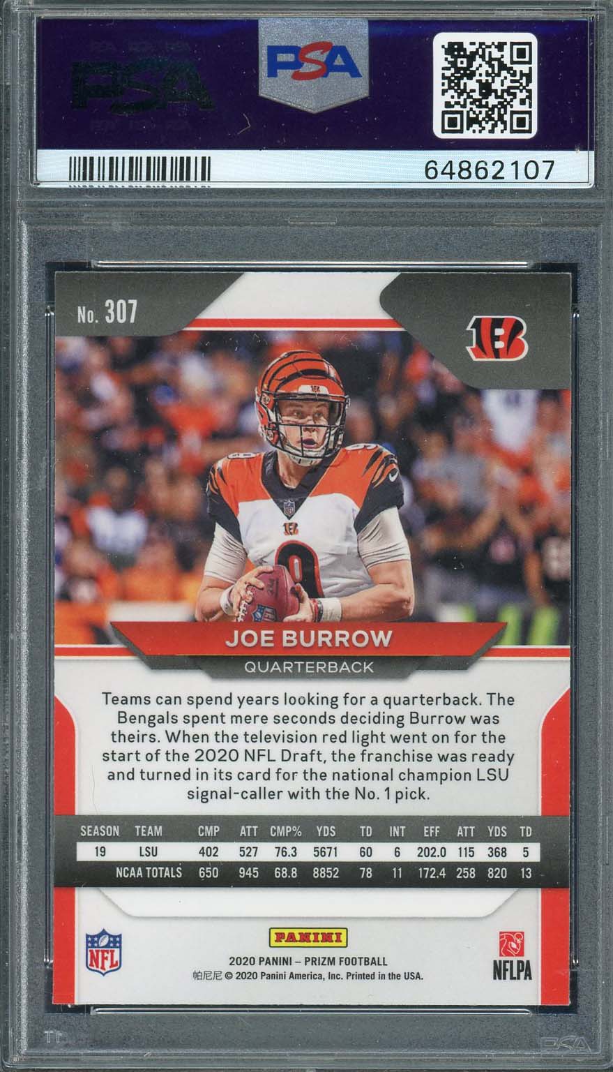 Joe Burrow 2020 Panini Prizm Football Rookie Card RC #307 Graded PSA 10 - Image 2
