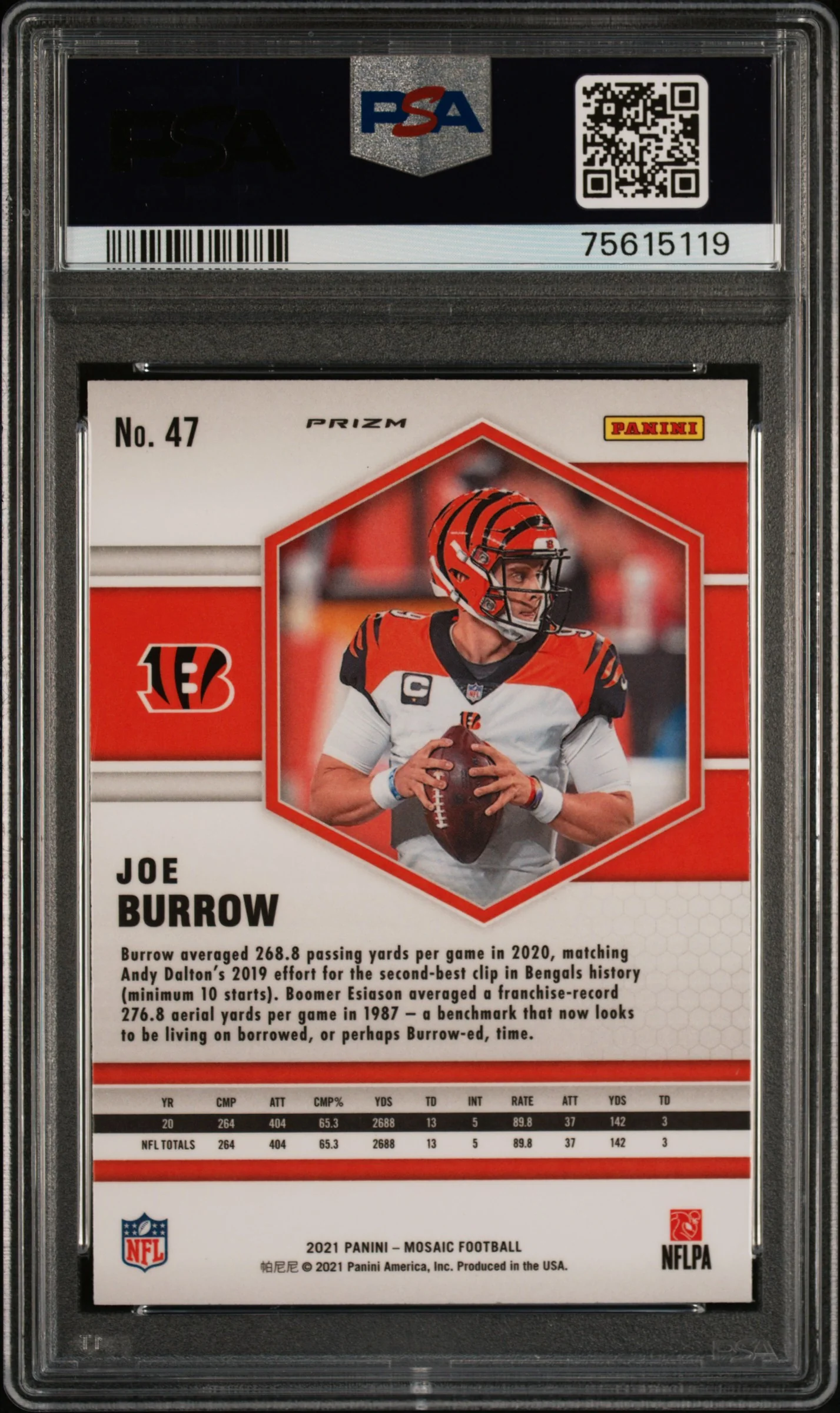 Joe Burrow 2021 Panini Mosaic Reactive Orange Football Card #47 Graded PSA 10 - Image 2
