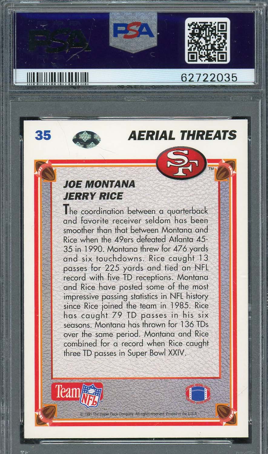 Joe Montana / Jerry Rice 1991 Upper Deck Football Card #35 Graded PSA 10 - Image 2
