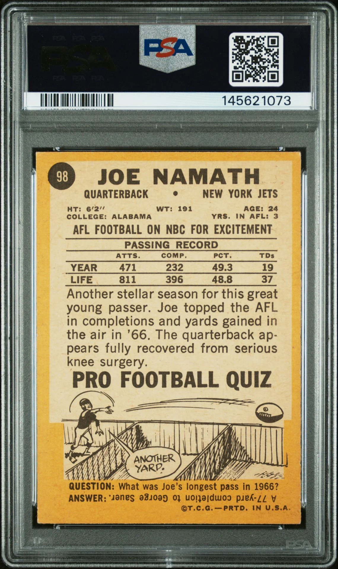 Joe Namath 1967 Topps New York Jets Signed Football Card #98 Graded PSA 4 Auto 10 Cert #145621073 - Image 2