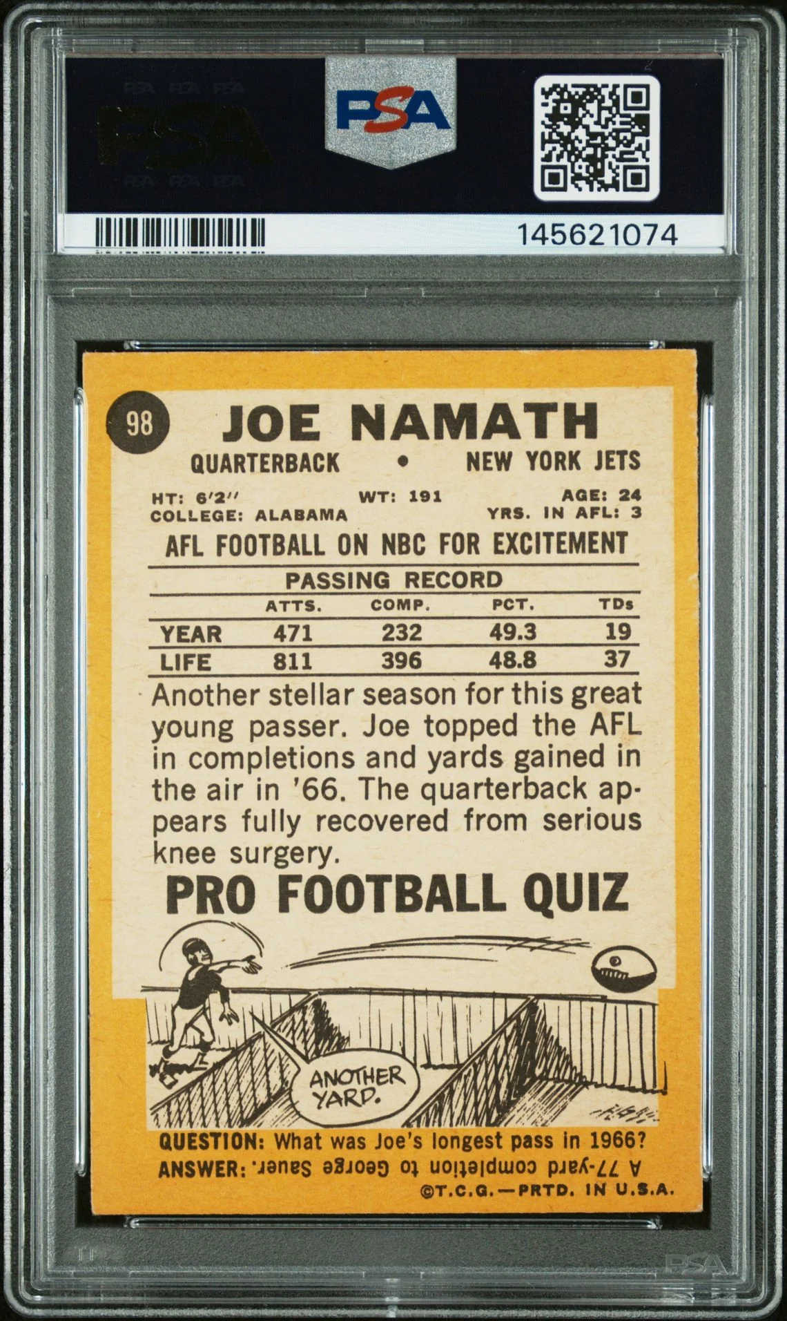 Joe Namath 1967 Topps New York Jets Signed Football Card #98 Graded PSA 5 Auto 8 Cert #145621074 - Image 2