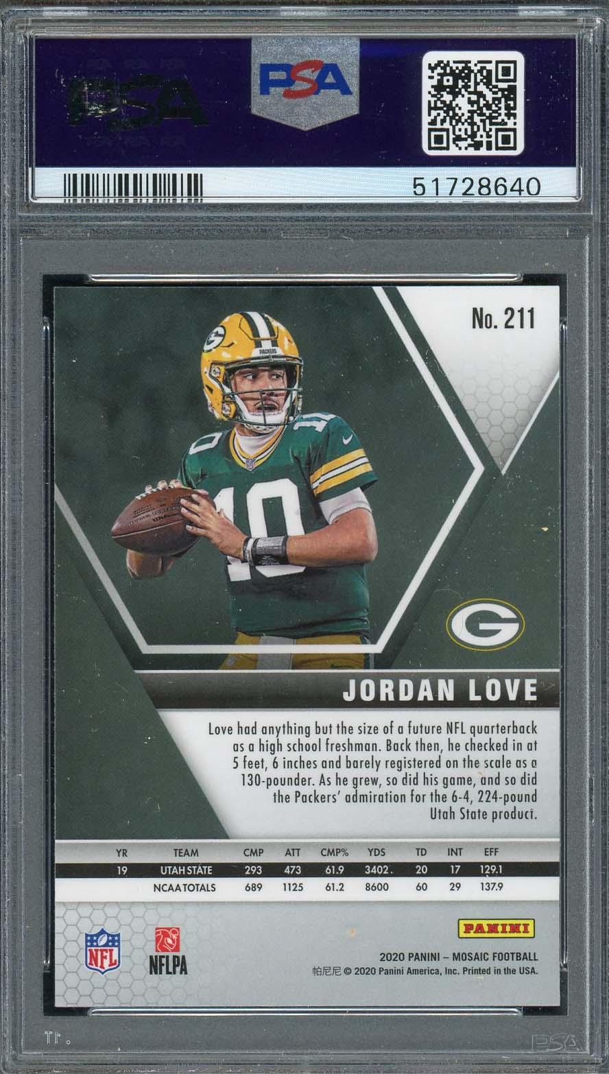 Jordan Love 2020 Panini Mosaic Football Rookie Card RC #211 PSA 10 - Image 2
