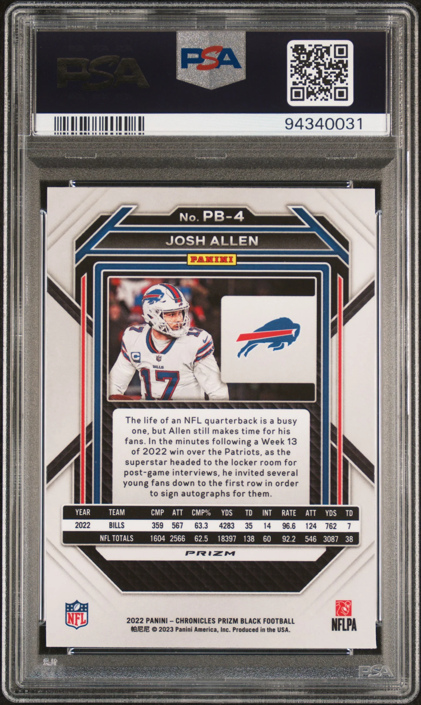 Josh Allen 2022 Panini Chronicles Prizm Black Silver Football Card #PB4 Graded PSA 10 Cert #94340031 - Image 2