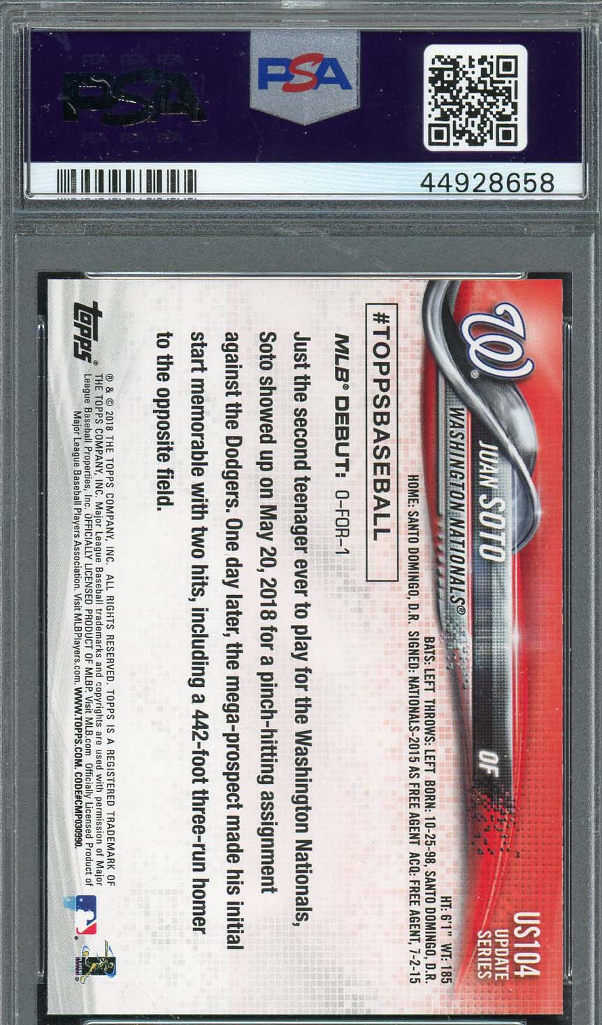 Juan Soto 2018 Topps Update Baseball Rookie Card RC #US104 Graded PSA 10 - Image 2