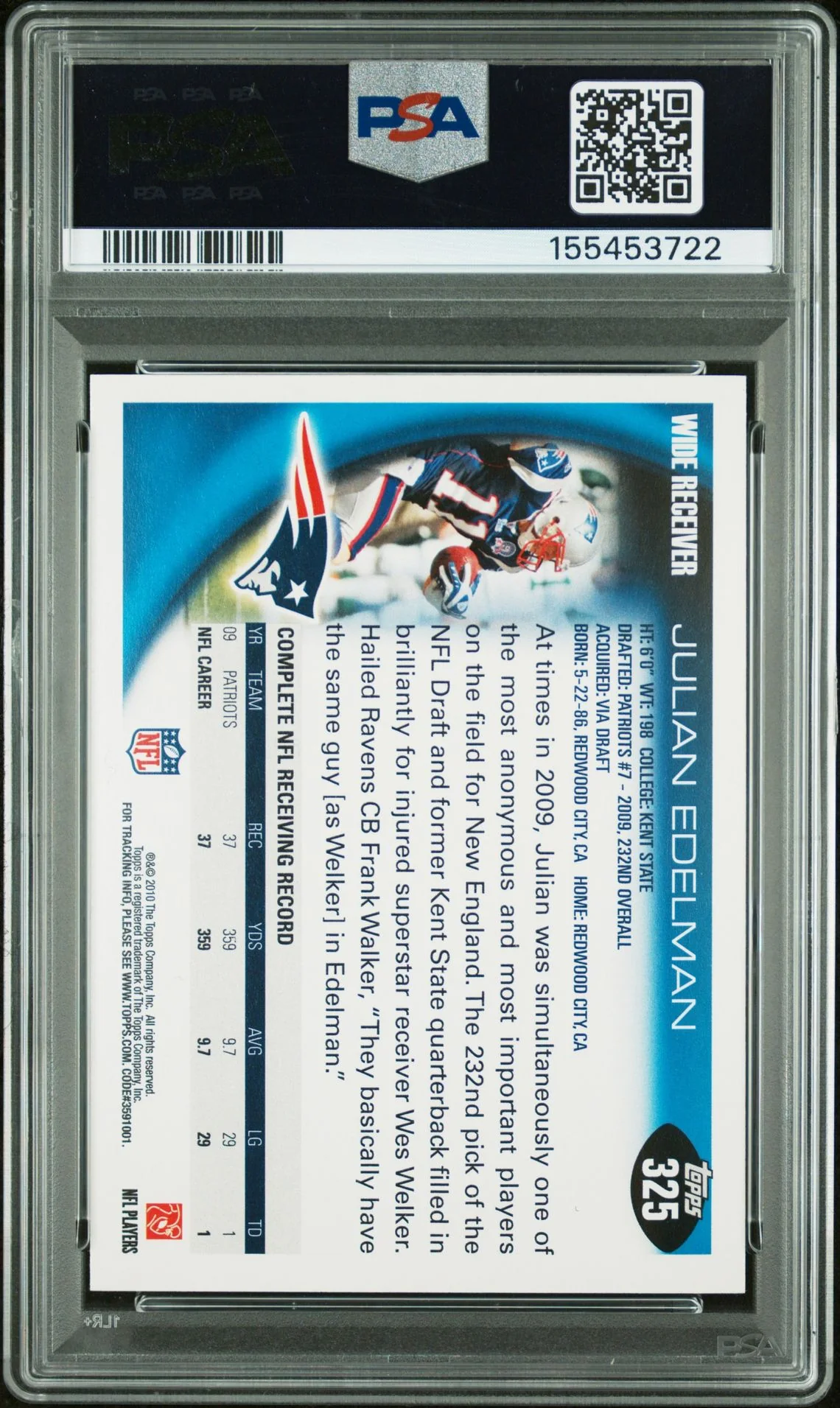 Julian Edelman 2010 Topps New England Patriots Signed Football Card #325 Graded PSA 9 Auto 8 Cert #155453722 - Image 2