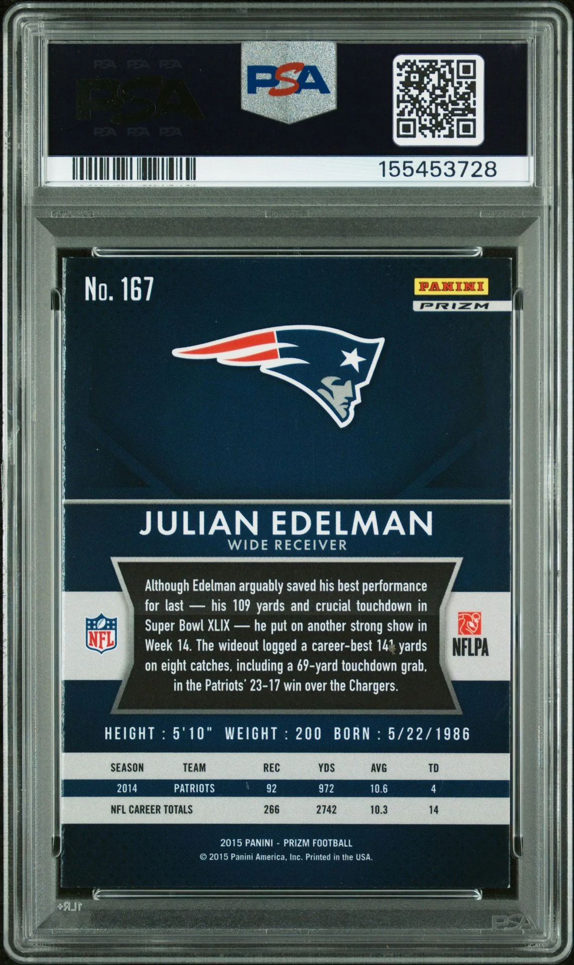 Julian Edelman 2015 Panini Prizm Blue New England Patriots Signed Football Card #167 Graded PSA 8 Auto 10 Cert #155453728 - Image 2
