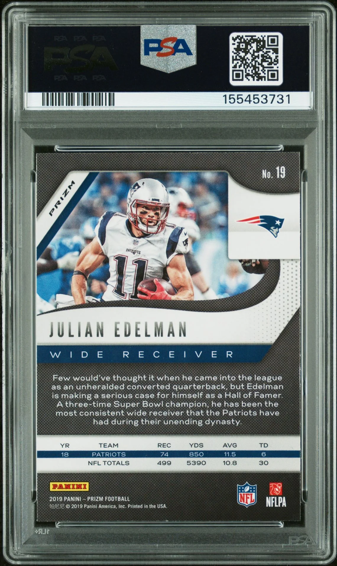 Julian Edelman 2019 Panini Prizm Red White Blue New England Patriots Signed Football Card #19 Graded PSA 9 Auto 10 Cert #155453731 - Image 2