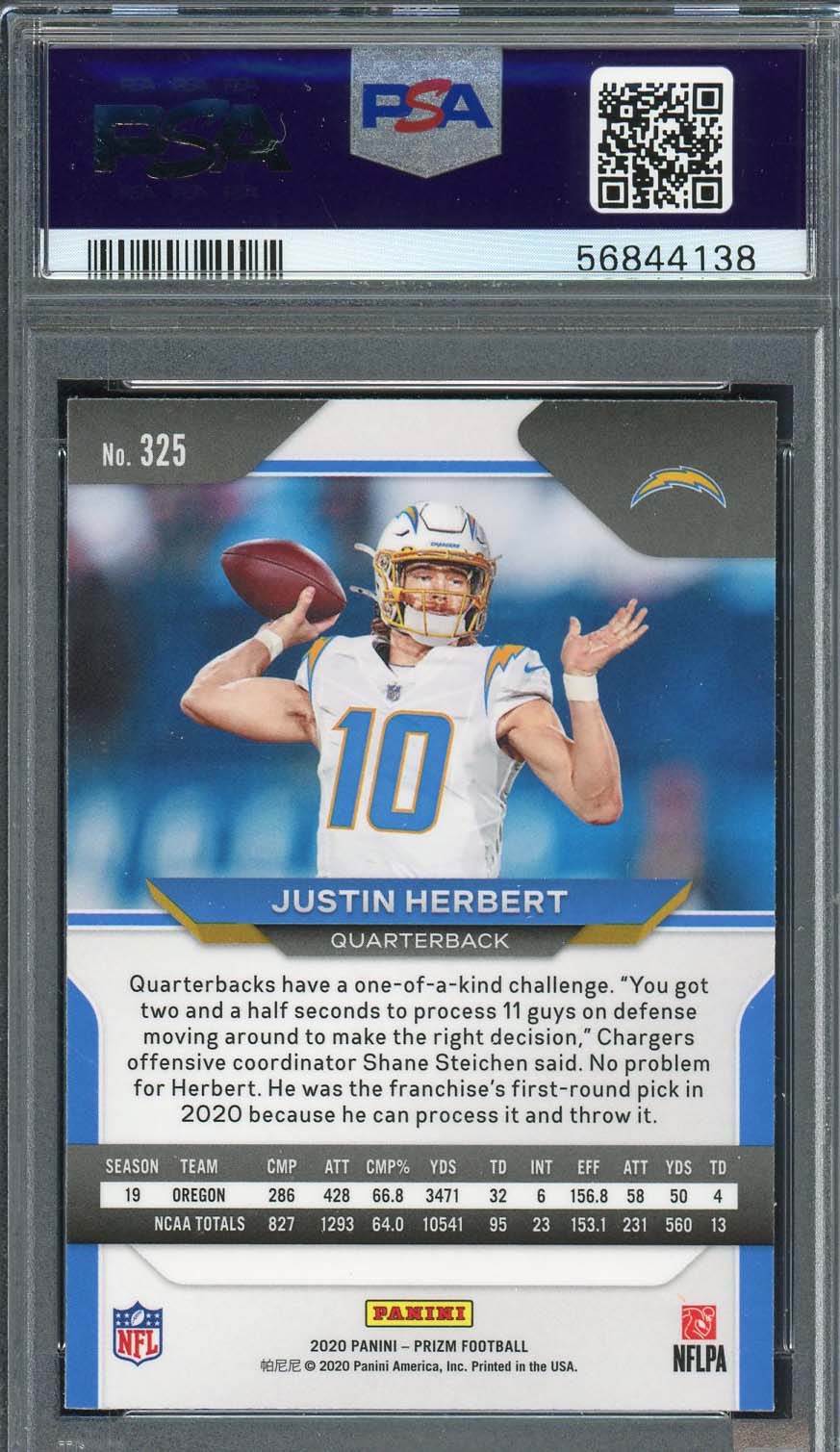 Justin Herbert 2020 Panini Prizm Football Rookie Card RC #325 Graded PSA 9 - Image 2