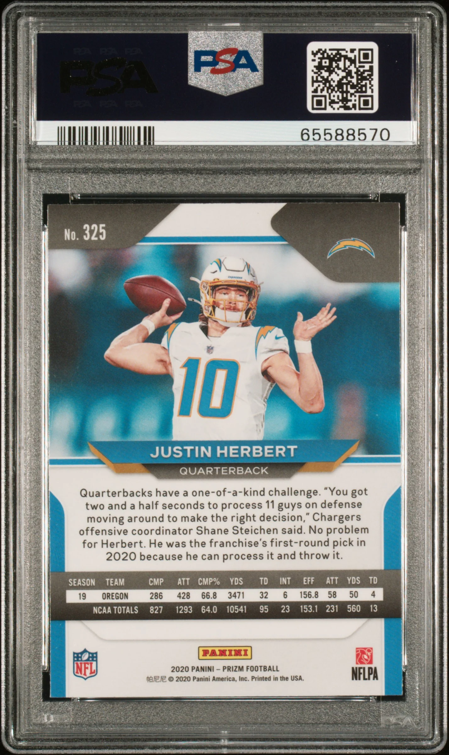 Justin Herbert 2020 Panini Prizm Los Angeles Chargers Football RC Rookie Card #325 Graded PSA 10 Cert #65588570 - Image 2