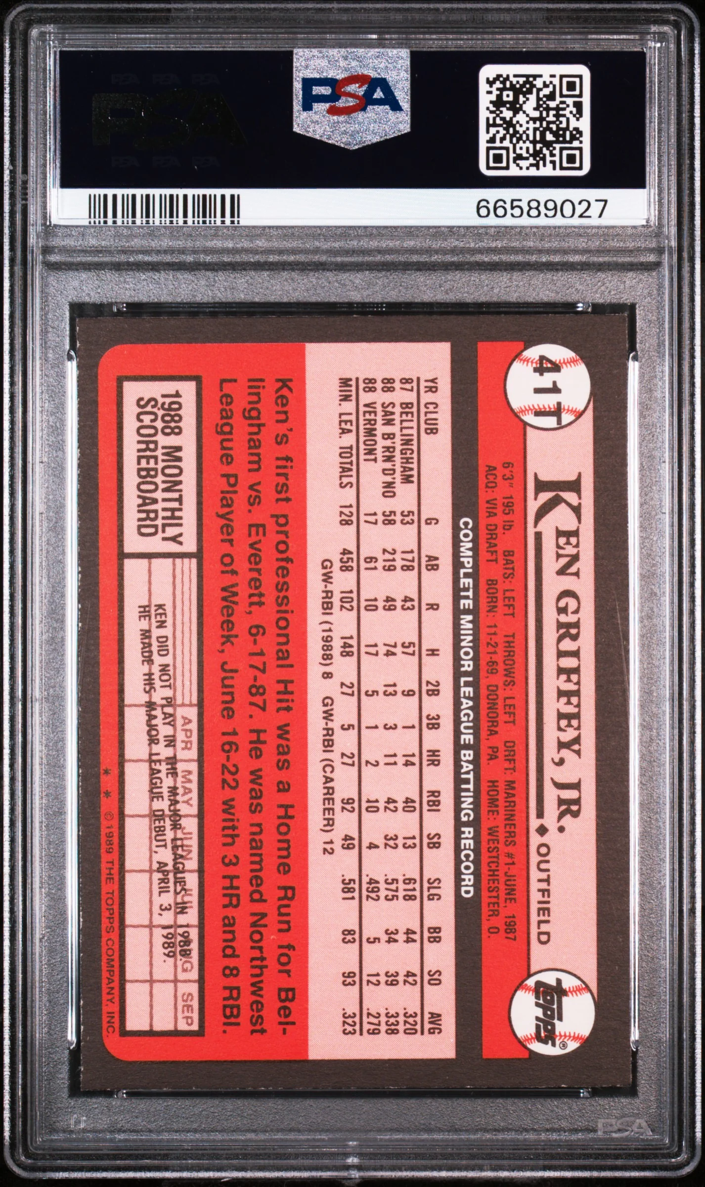 Ken Griffey Jr. 1989 Topps Traded Seattle Mariners Baseball RC Rookie Card RC #41T Graded PSA 8 Cert #66589027 - Image 2