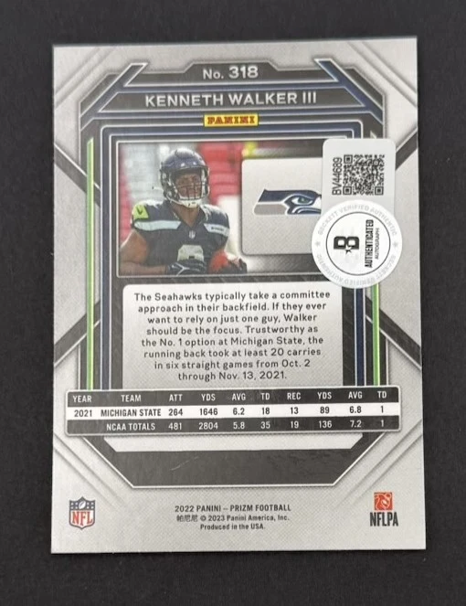 Kenneth Walker III 2022 Panini Prizm Seattle Seahawks Signed Football RC Rookie Card #318 Beckett Authenticated BV44689 - Image 2