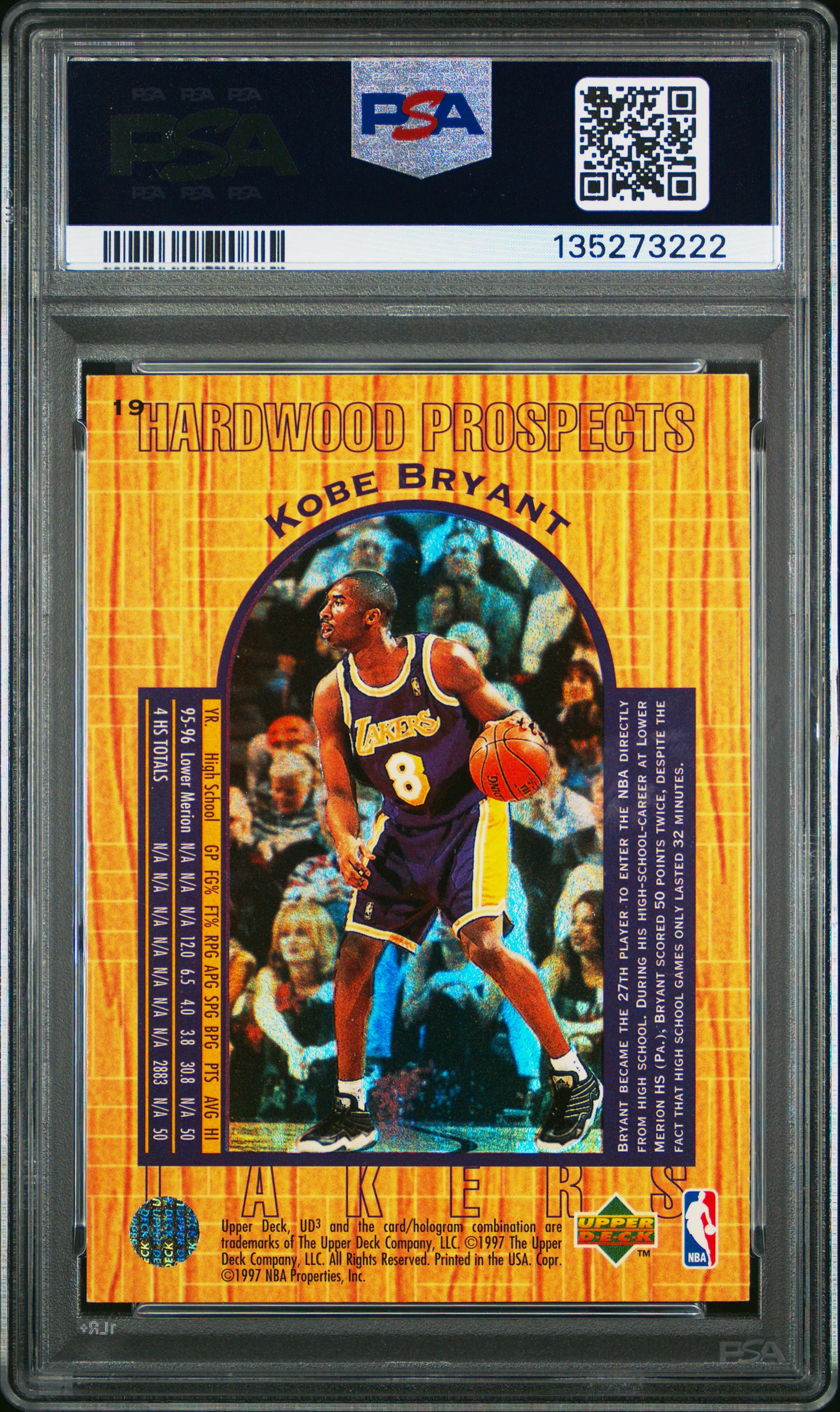 Kobe Bryant 1996 UD3 Hardwood Prospects Los Angeles Lakers Basketball RC Rookie Card #19 Graded PSA 8 Cert #135273222 - Image 2