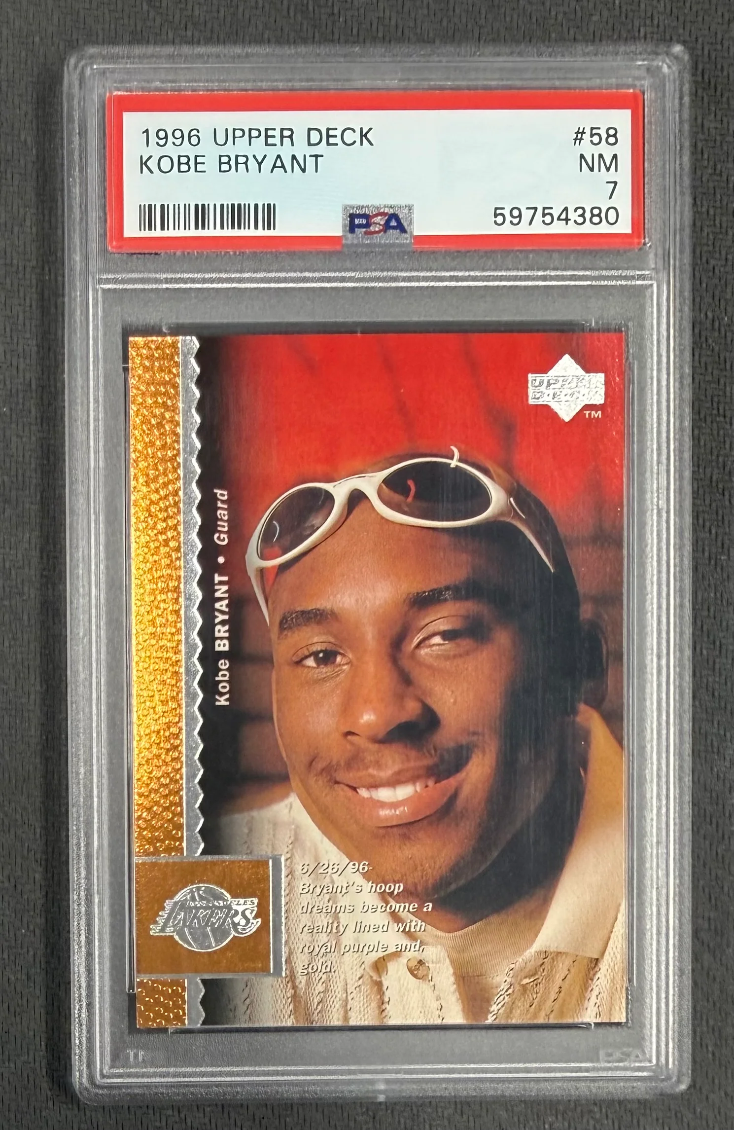 Kobe Bryant 1996 Upper Deck Los Angeles Lakers Basketball RC Rookie Card #58 Graded PSA 7 Cert #59754380