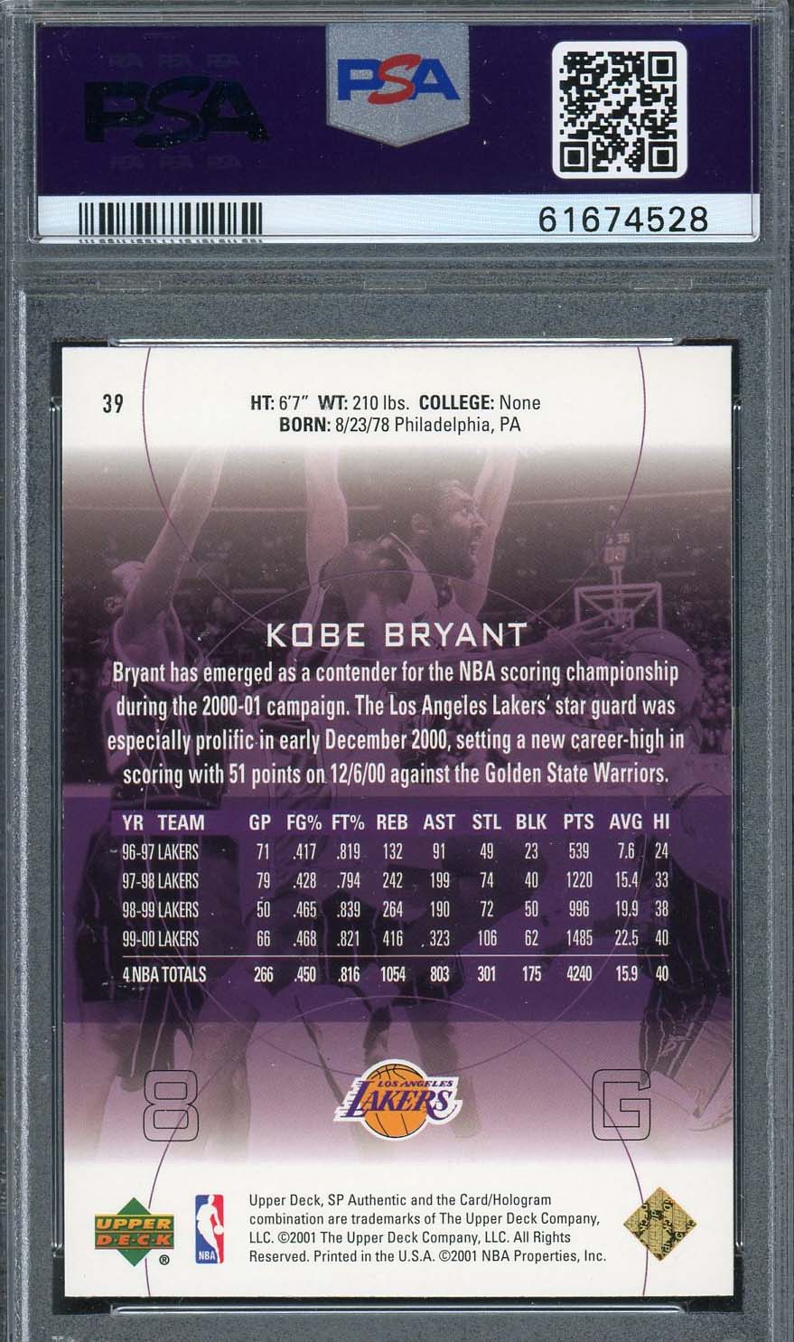 Kobe Bryant 2000 Upper Deck SP Authentic Basketball Card #39 Graded PSA 10 - Image 2