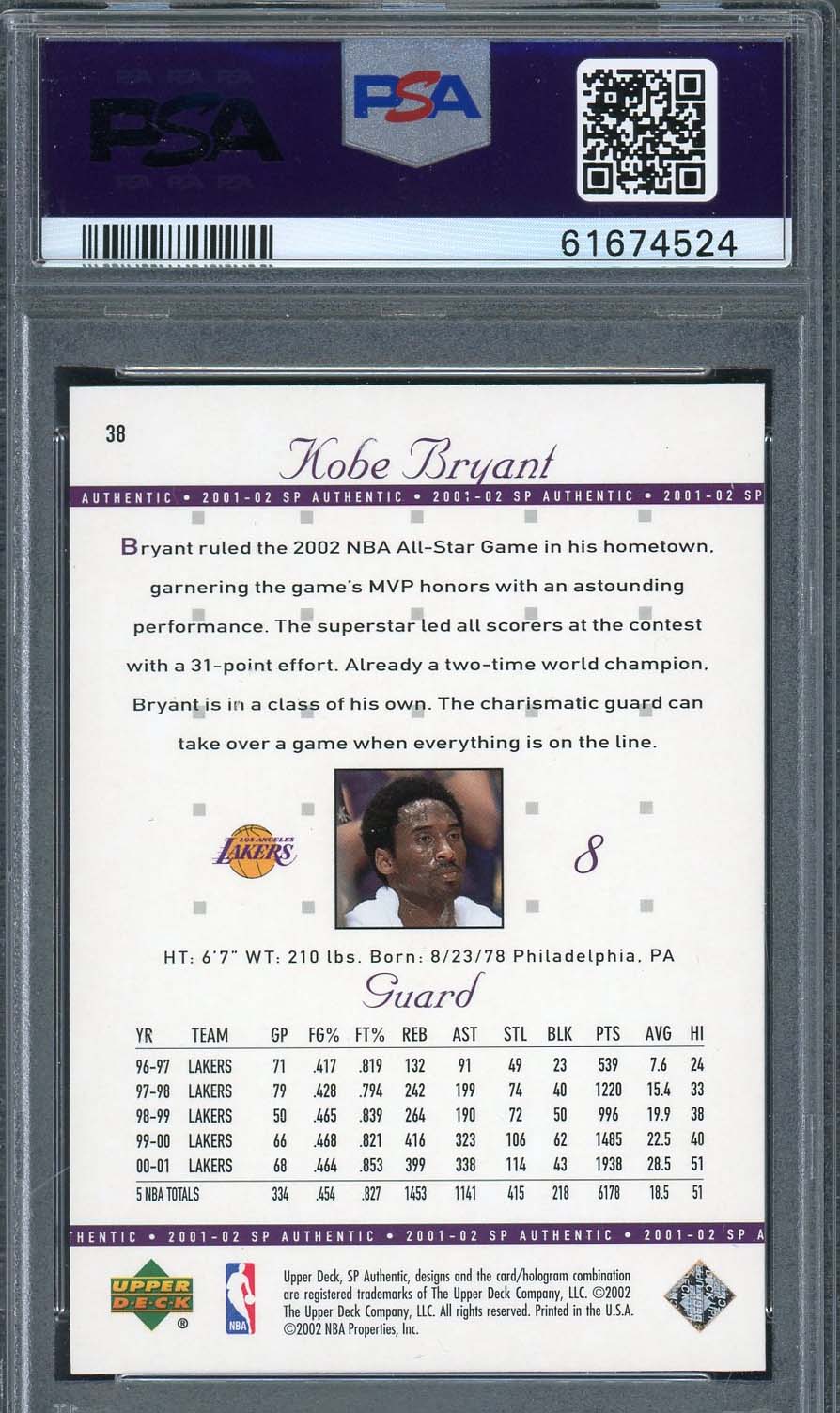 Kobe Bryant 2005 Upper Deck SP Authentic Basketball Card #38 Graded PSA 10 - Image 2