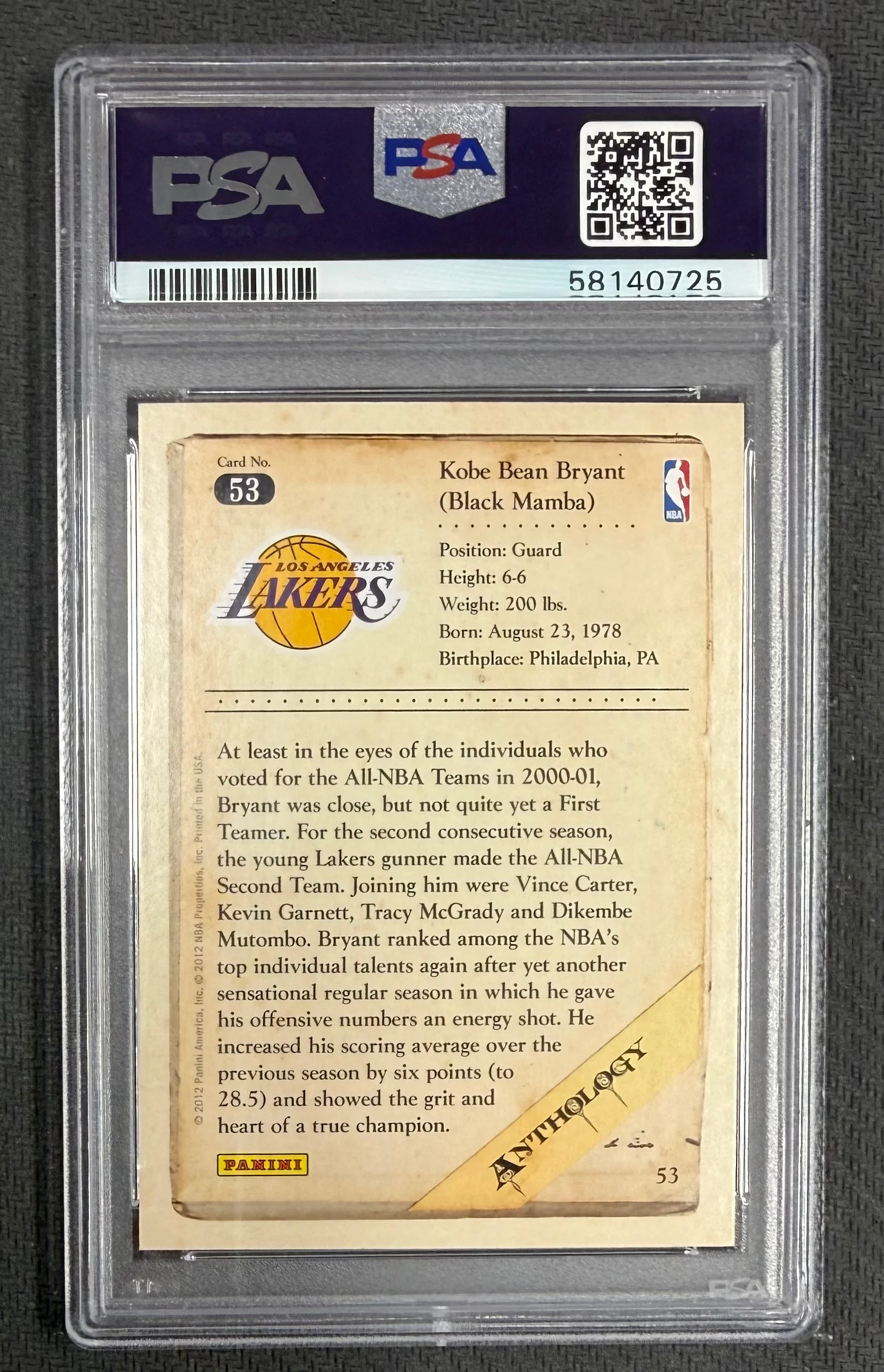 Kobe Bryant 2012 Panini Kobe Anthology Los Angeles Lakers Basketball Card #53 Graded PSA 9 Cert #58140725 - Image 2