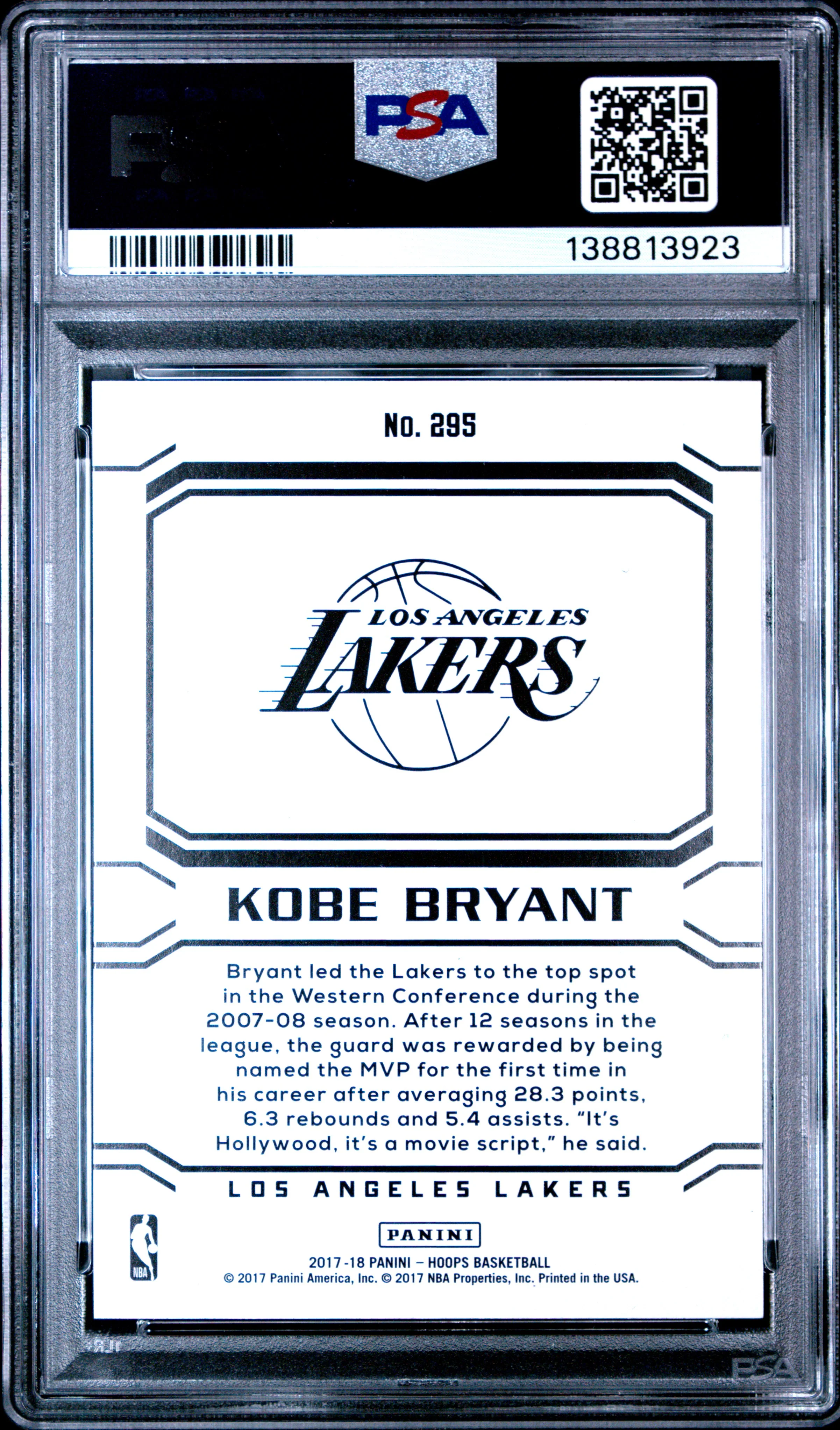 Kobe Bryant 2017 Panini Hoops Career Tribute Card 295 PSA 10 - Image 2