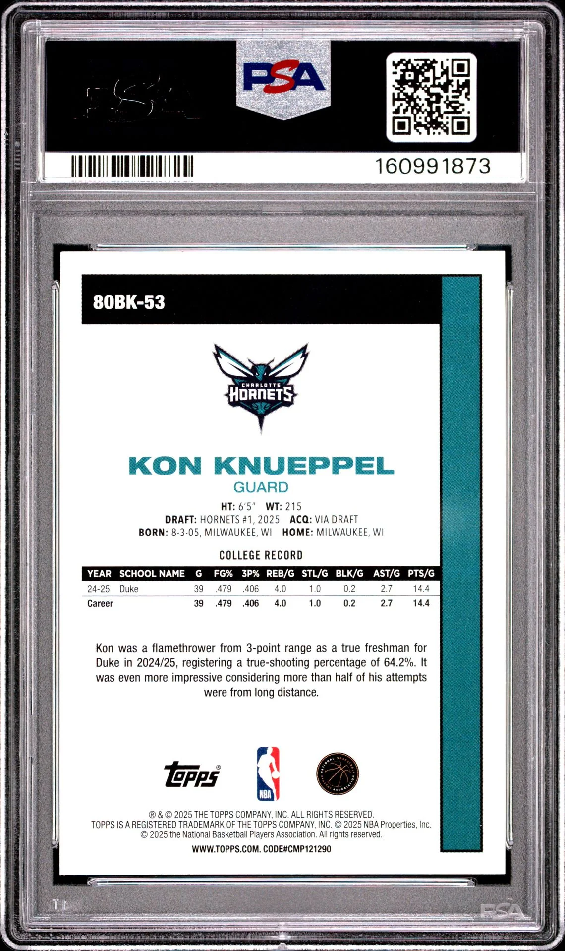 Kon Knueppel 2025 Topps 1980 Topps Basketball Charlotte Hornets RC Rookie Card #80BK-53 Graded PSA 9 Cert #160991873 - Image 2