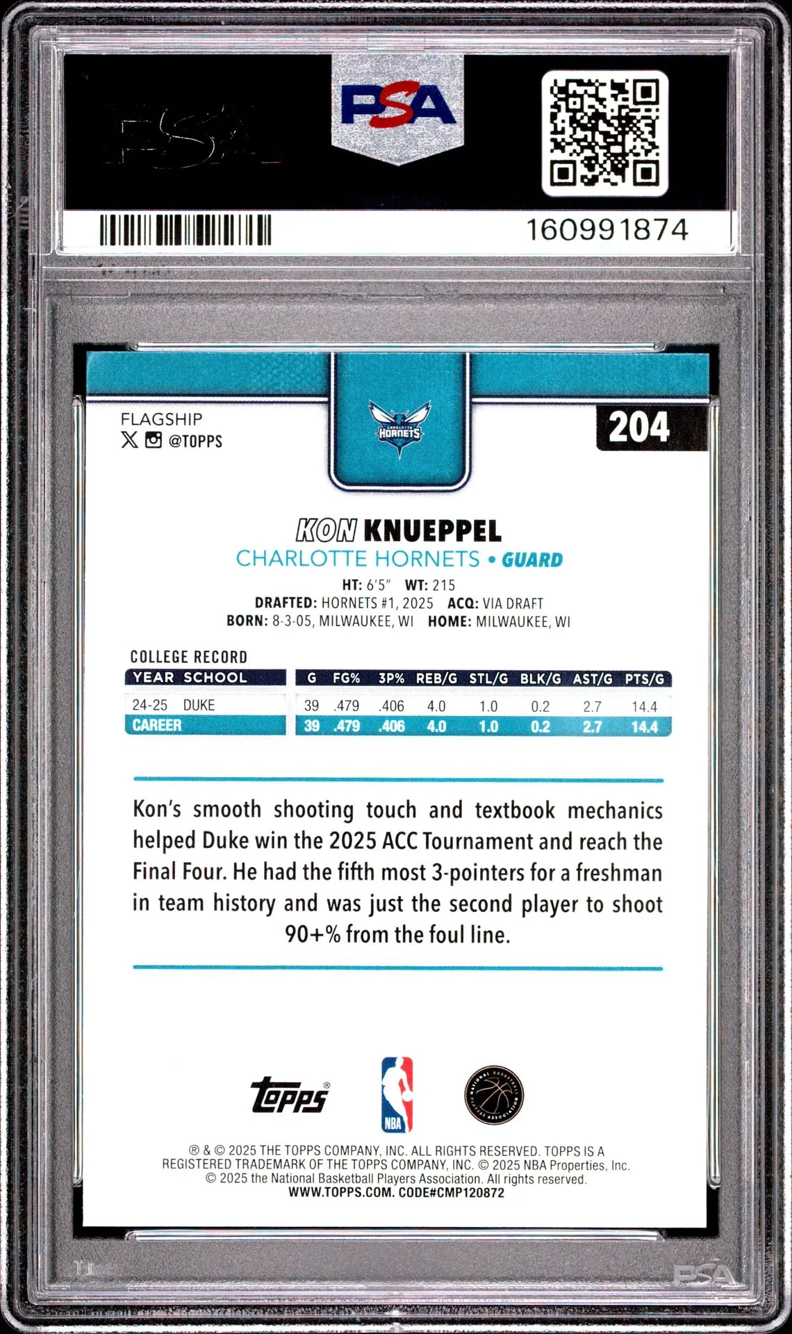 Kon Knueppel 2025 Topps Charlotte Hornets Basketball RC Rookie Card #204 Graded PSA 10 Cert #160991874 - Image 2