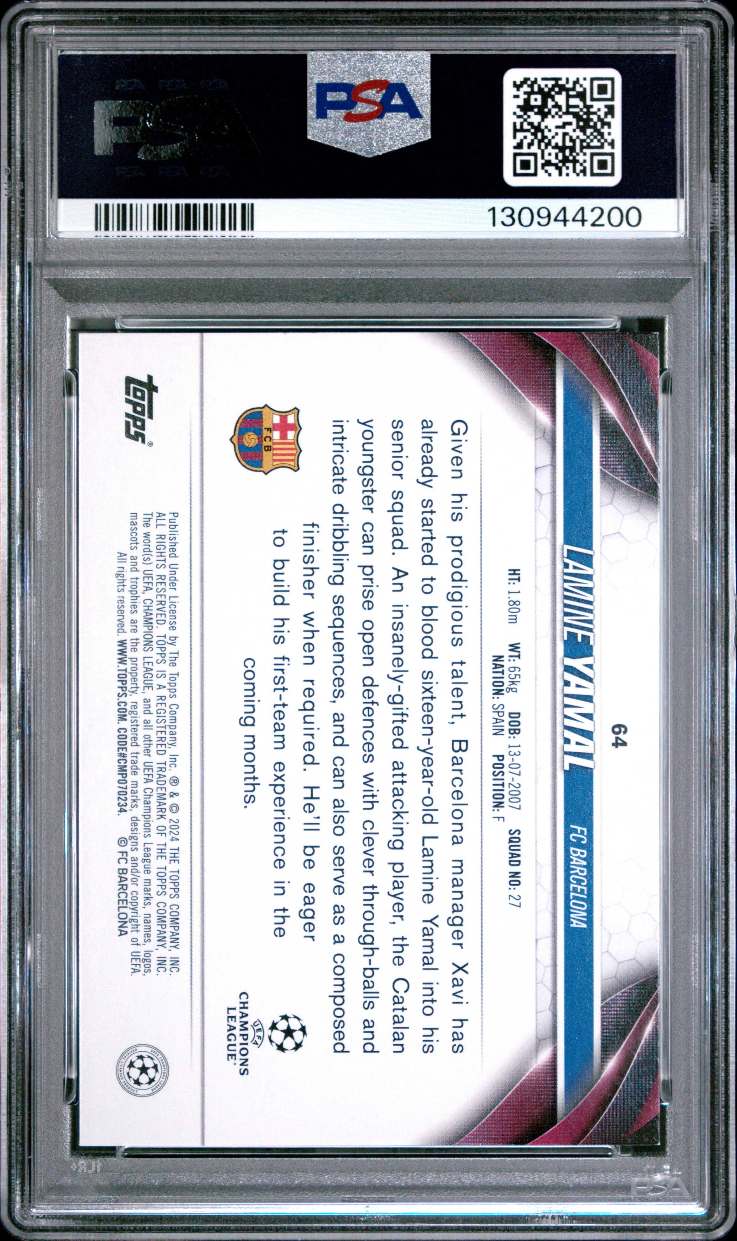 Lamine Yamal 2023-24 Topps UEFA Champions League Rookie RC FC Barcelona Soccer Card #64 Graded PSA 7 Cert #130944200 - Image 2