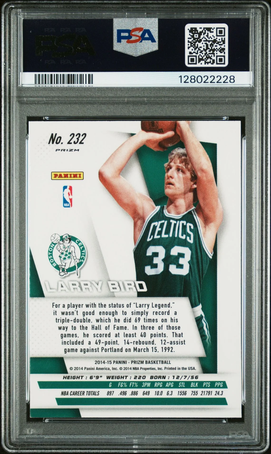 Larry Bird 2014 Panini Prizm Green Prizm Signed Basketball Card #232 Graded PSA 8 Auto Cert #128022228 - Image 2