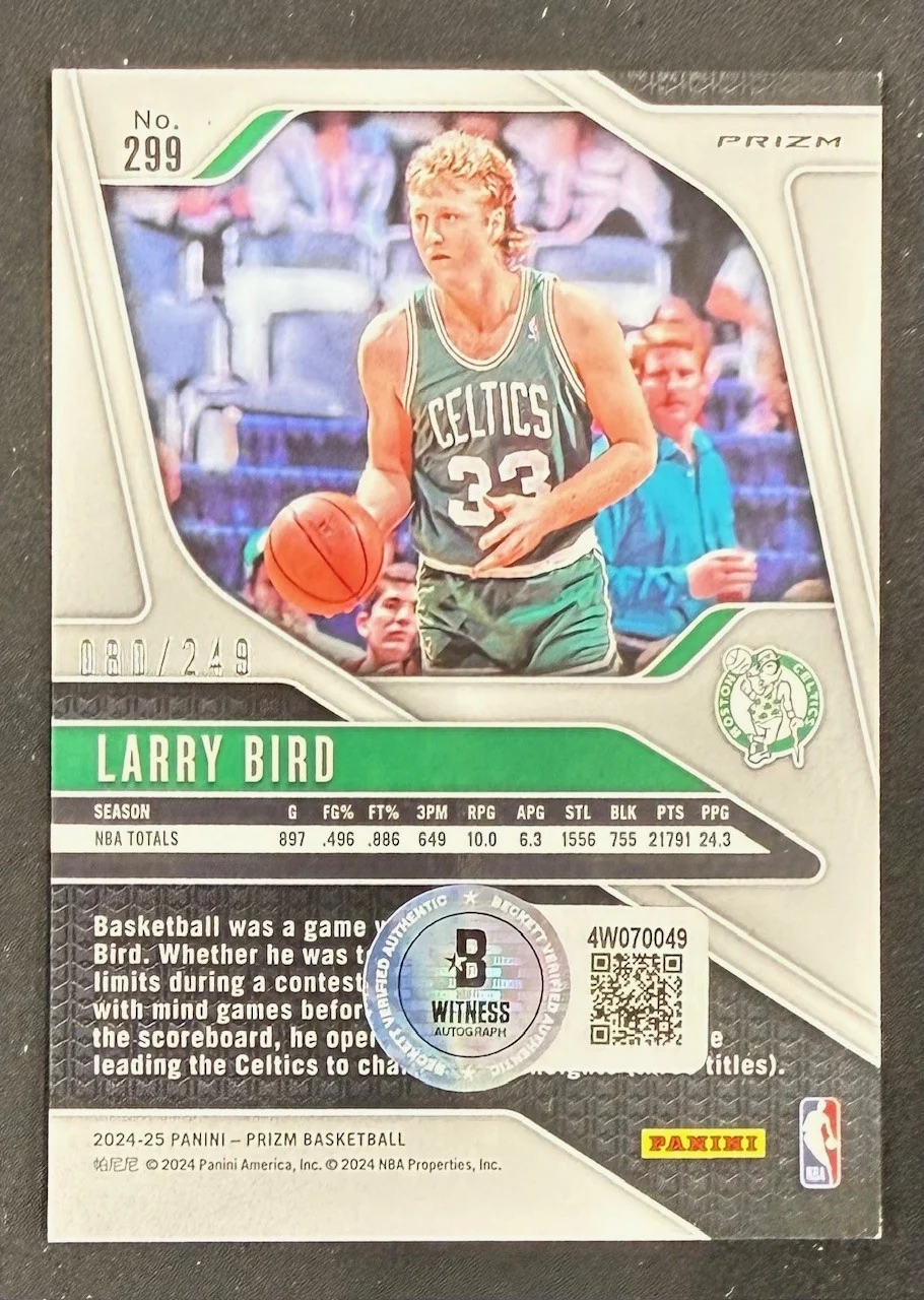 Larry Bird 2024-25 Panini Prizm Pink Signed Basketball Card #299 Auto 80/249 Beckett Witnessed Cert #4W070049 - Image 2