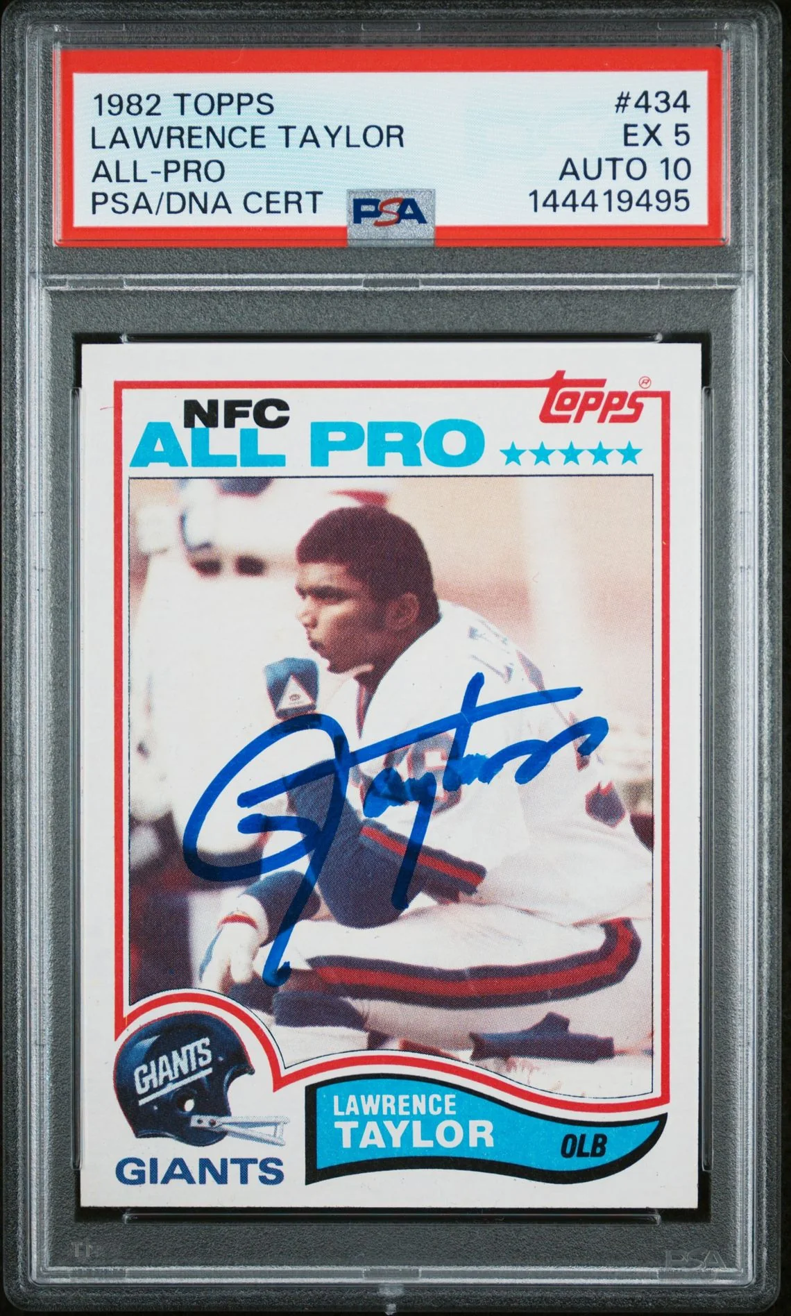 Lawrence Taylor 1982 Topps All-Pro New York Giants Signed Football RC Rookie Card #434 Graded PSA 5 Auto 10 Cert #144419495