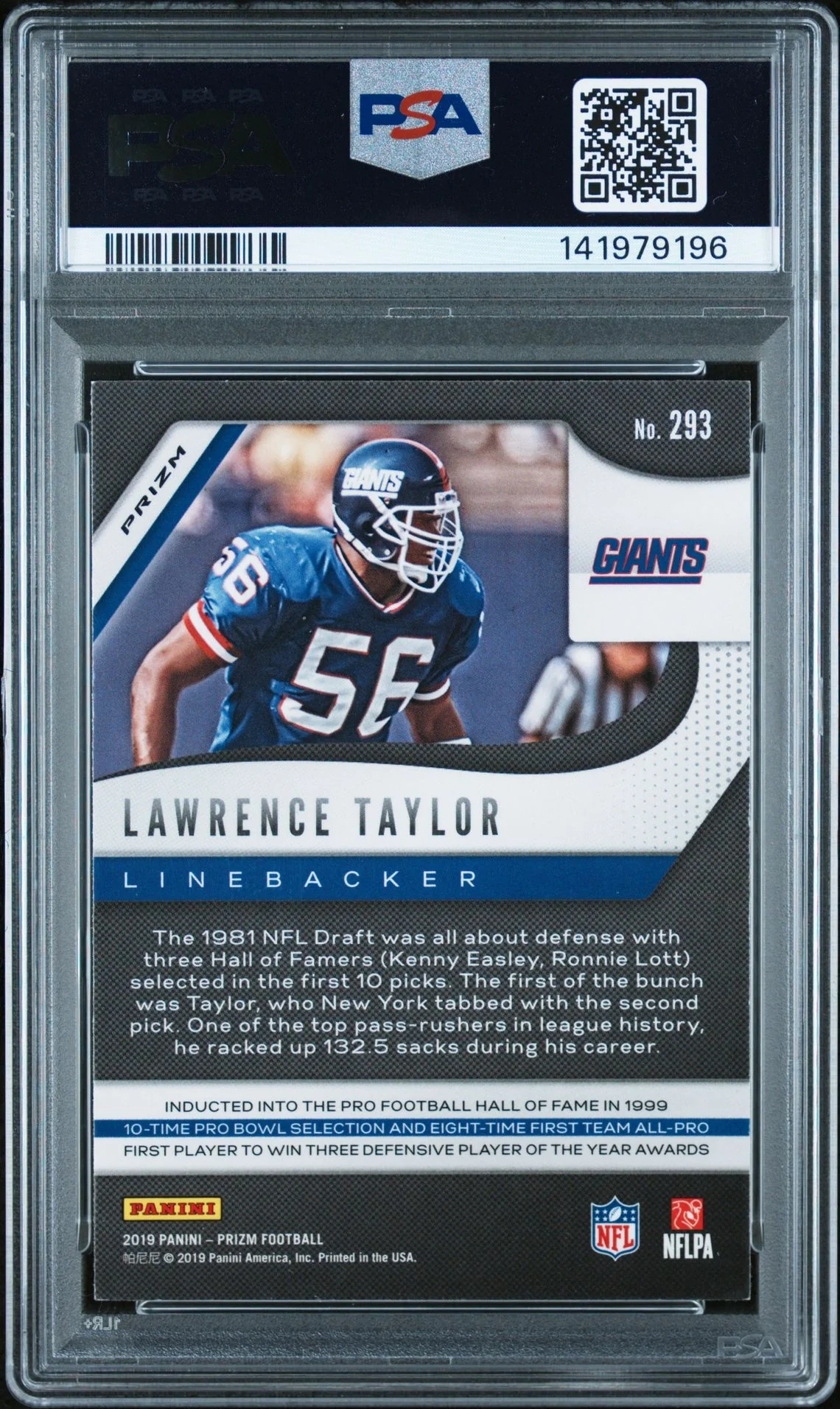 Lawrence Taylor 2019 Panini Prizm Red White Blue Signed Football Card #293 Graded PSA 7 Auto 9 Cert #141979196 - Image 2