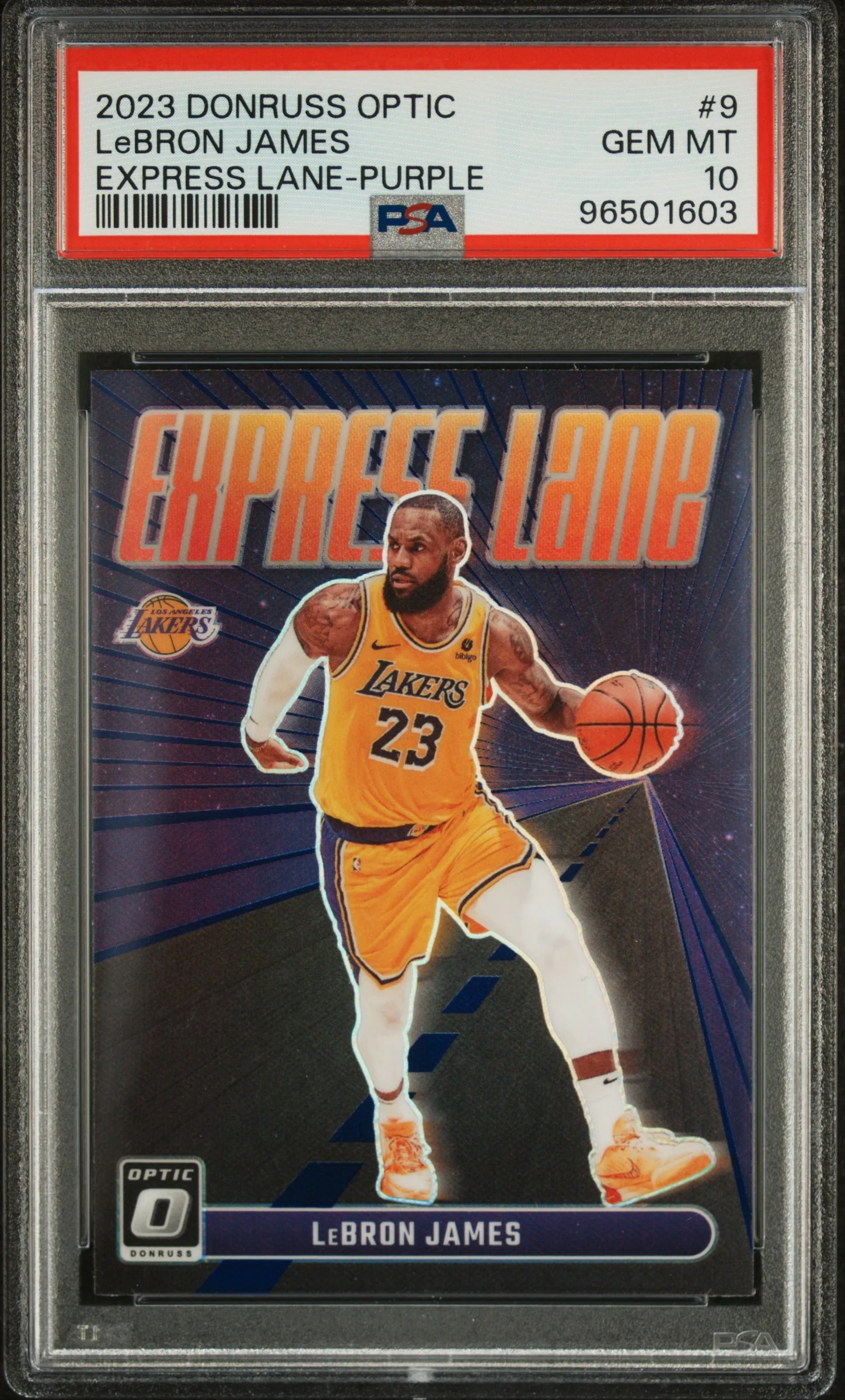 LeBron James 2023 Donruss Optic Express Lane Purple Basketball Card #9 Graded PSA 10 Cert #96501603
