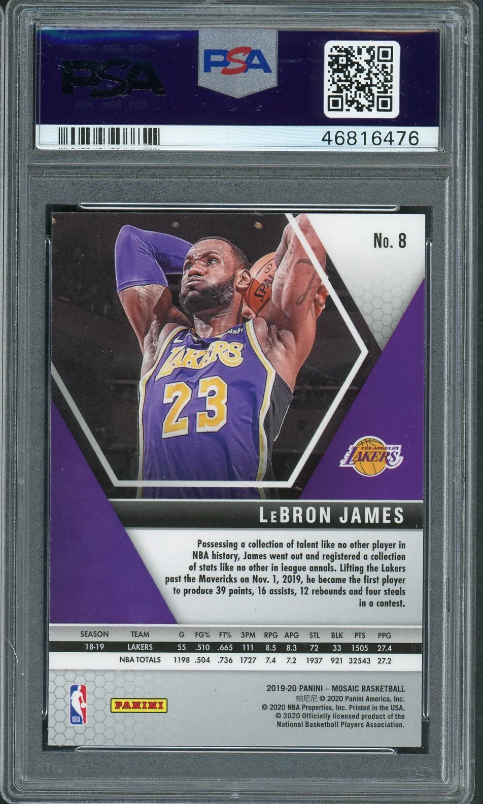 LeBron James 2019 Panini Mosaic Basketball Card #8 Graded PSA 10 GEM MINT - Image 2