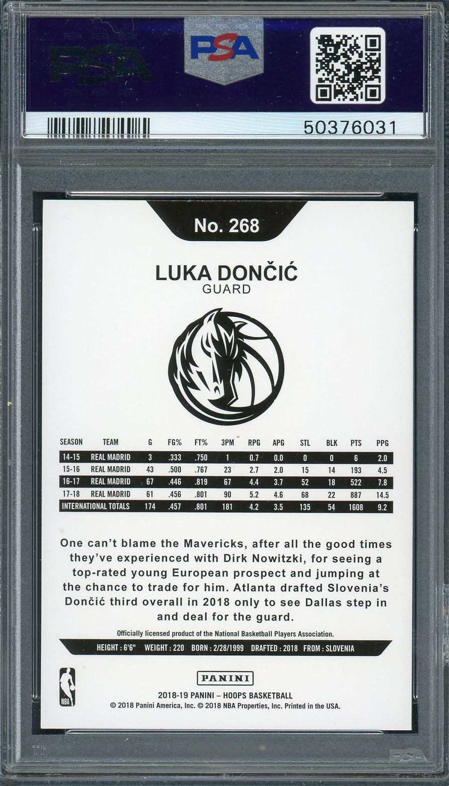 Luka Doncic 2018 Panini Hoops Basketball Rookie Card RC #268 Graded PSA 10 GEM MINT - Image 2