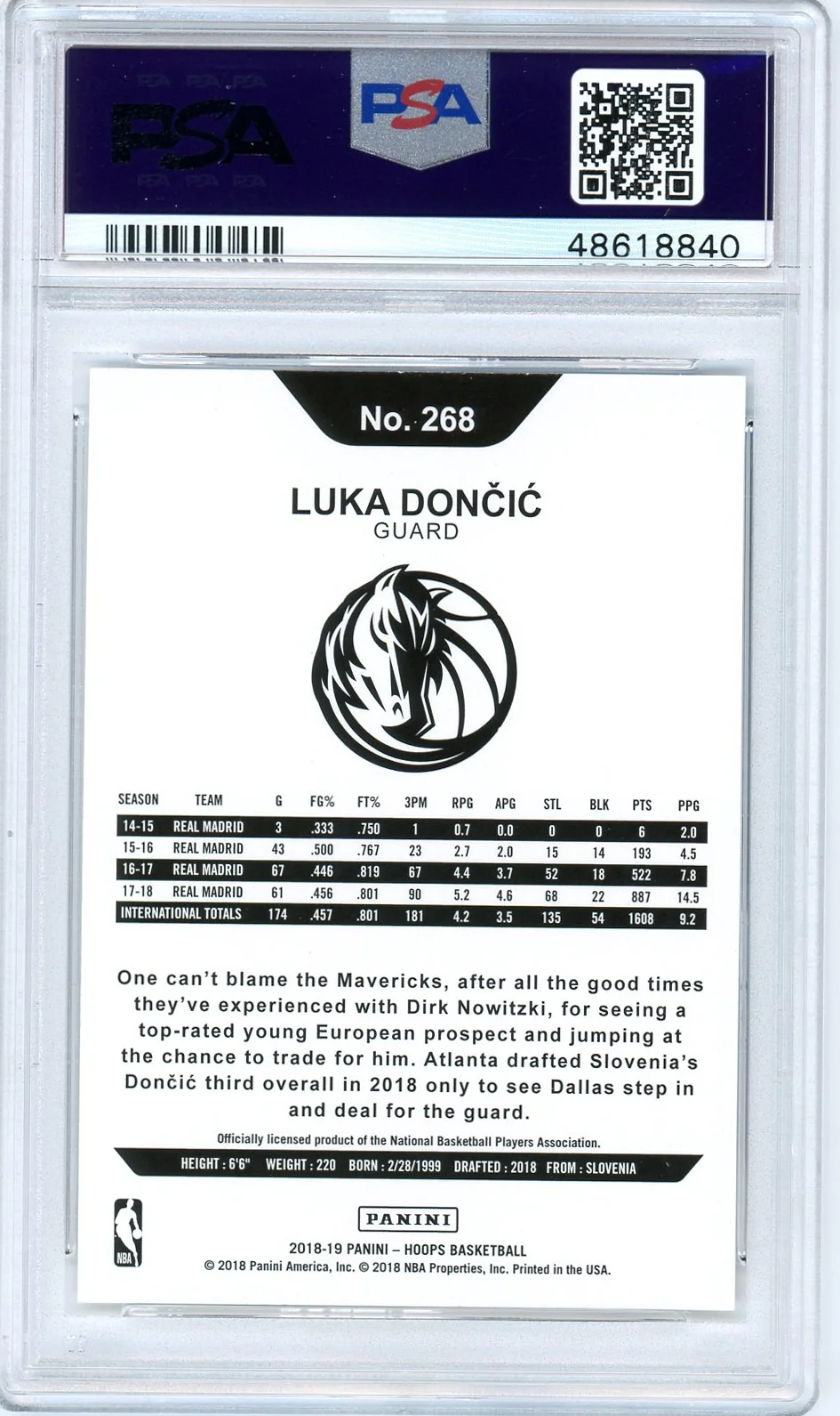 Luka Doncic 2018 Panini Hoops Basketball Rookie Card RC #268 Graded PSA 9 MINT - Image 2