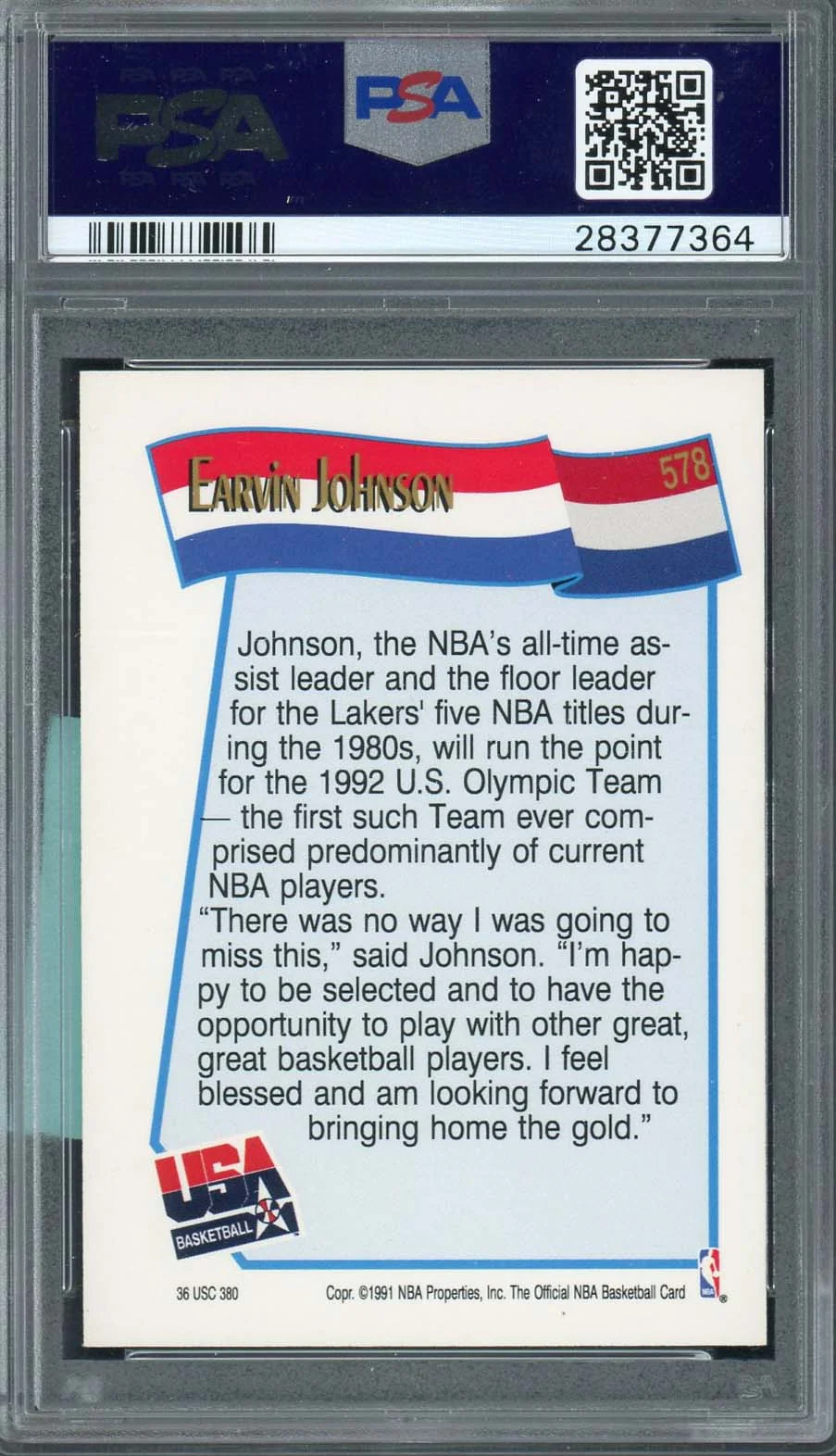 Magic Johnson USA 1991 Hoops Basketball Card #578 Graded PSA 9 MINT - Image 2