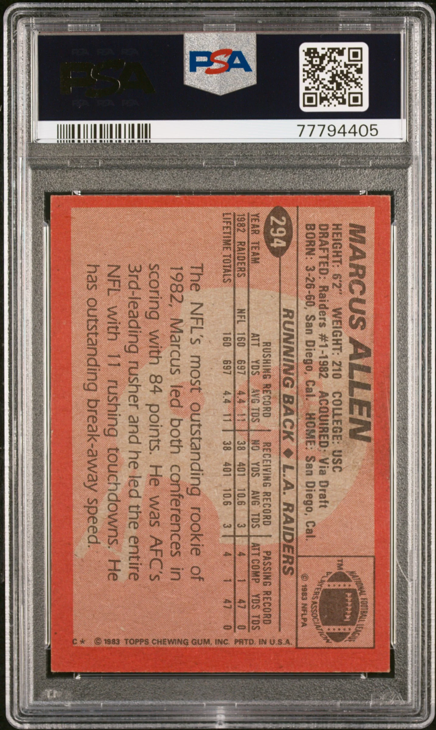 Marcus Allen 1983 Topps Football Rookie Card #294 Graded PSA 5 - Image 2