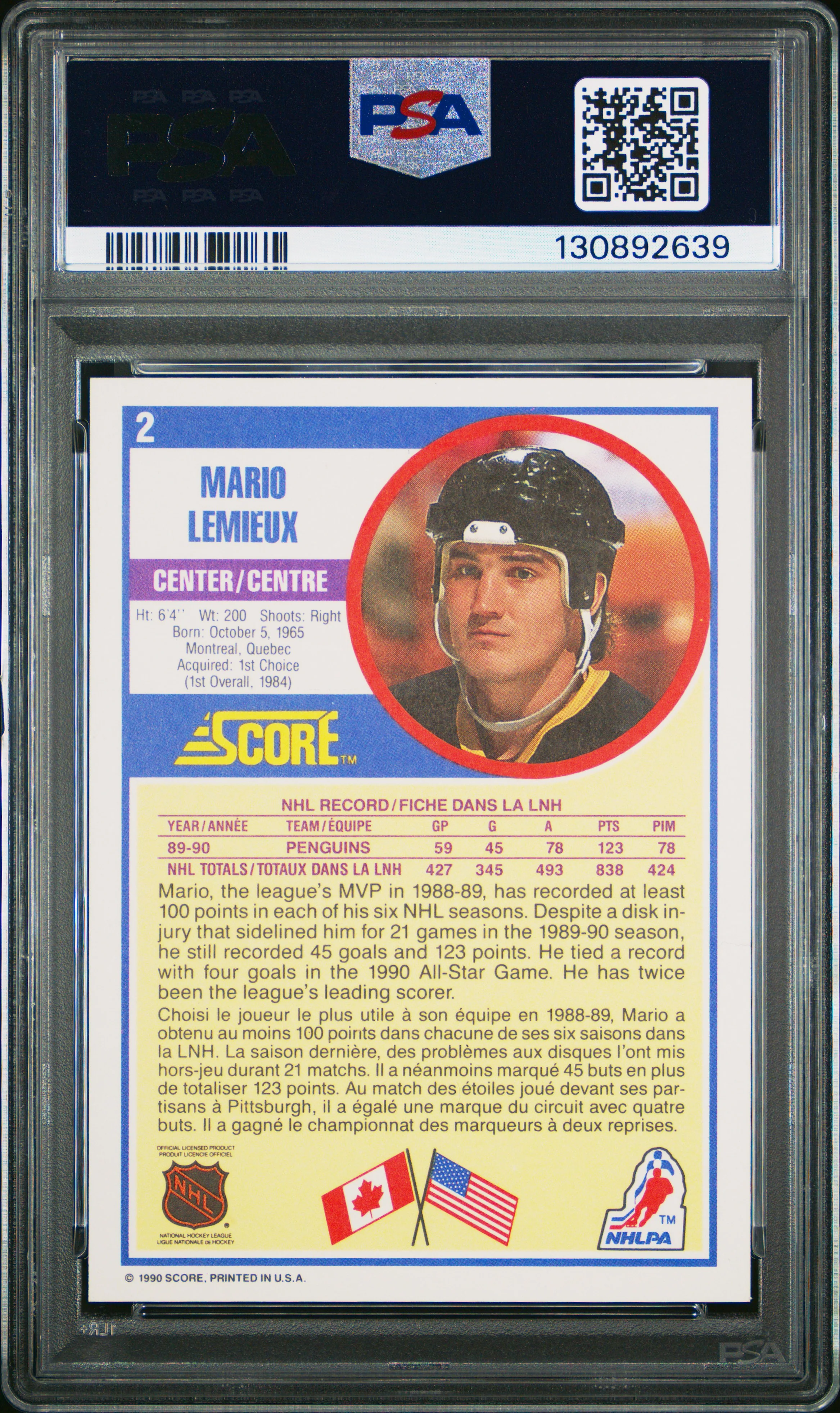 Mario Lemieux 1990 Score Canadian Hockey Card #2 Graded PSA 10 Cert #130892639 - Image 2
