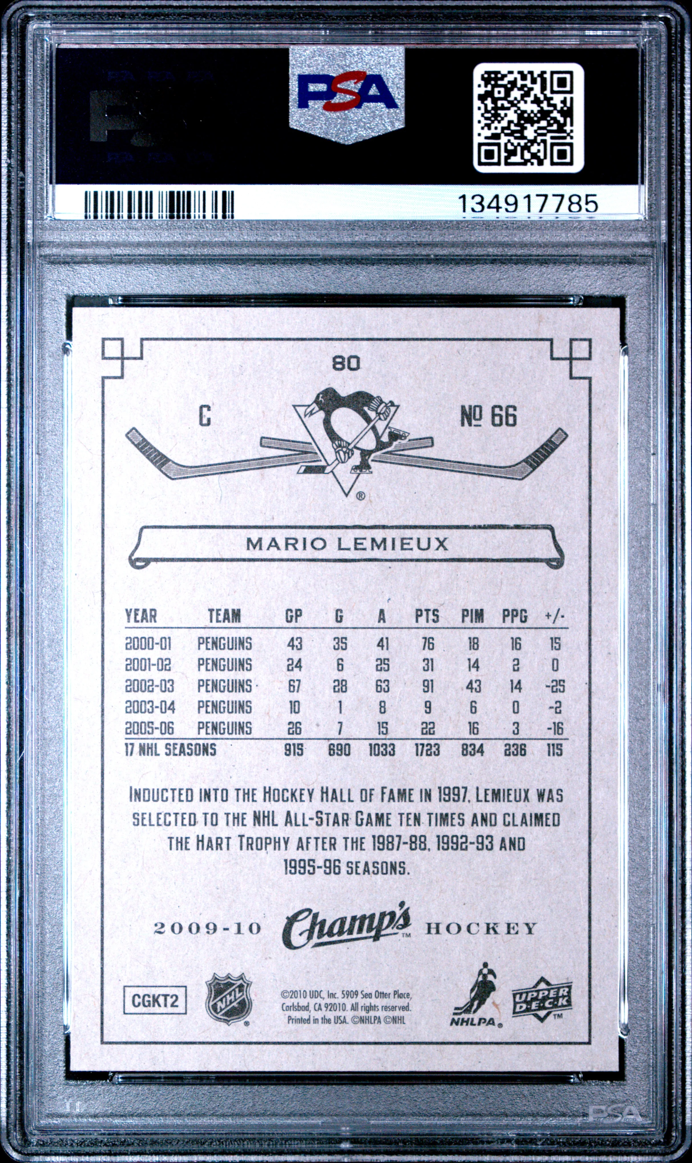 Mario Lemieux 2009 Upper Deck Champs Hockey Card #80 Graded PSA 10 Cert #134917785 - Image 2