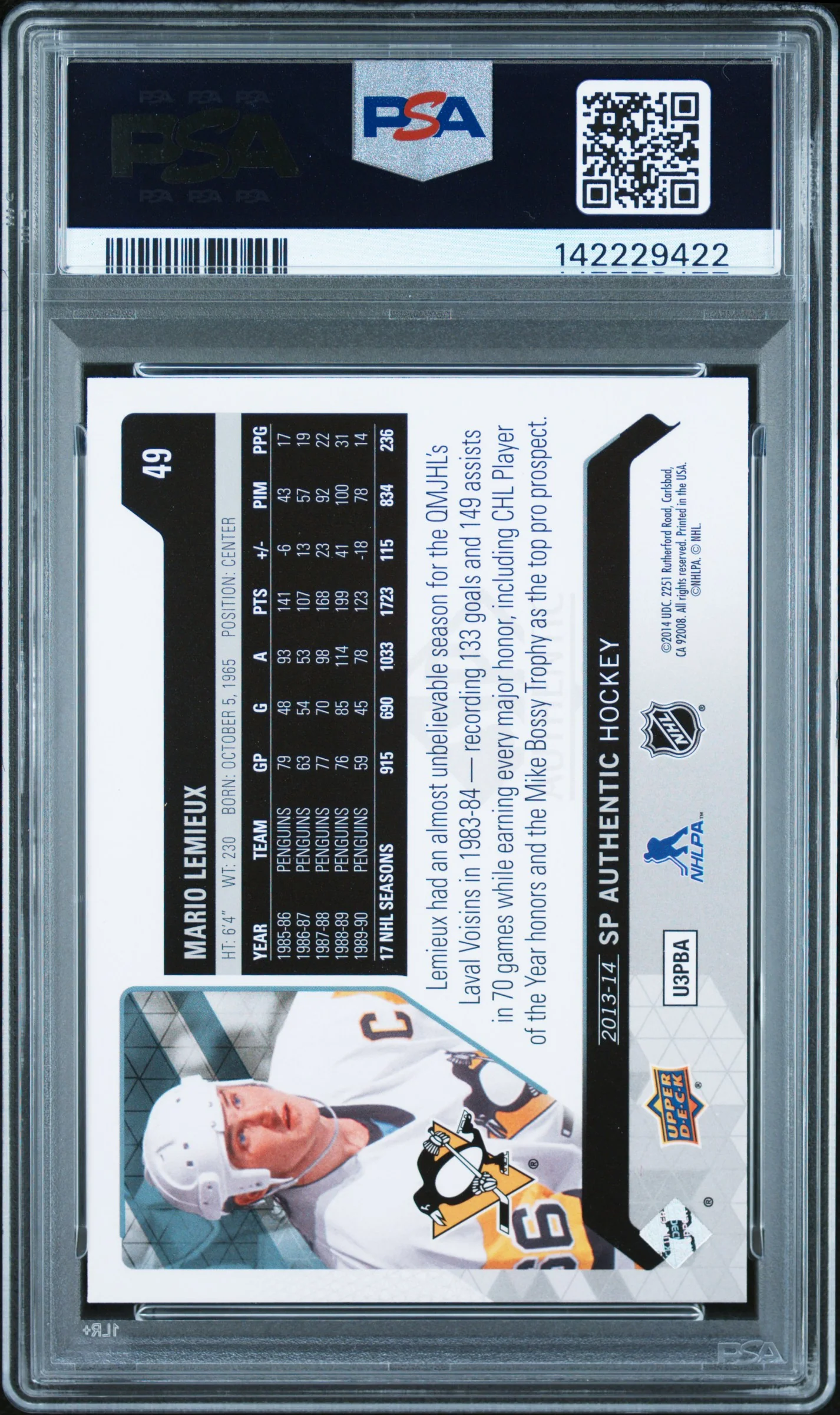 Mario Lemieux 2013 SP Authentic Hockey Card #49 Graded PSA 10 Cert #142229422 - Image 2