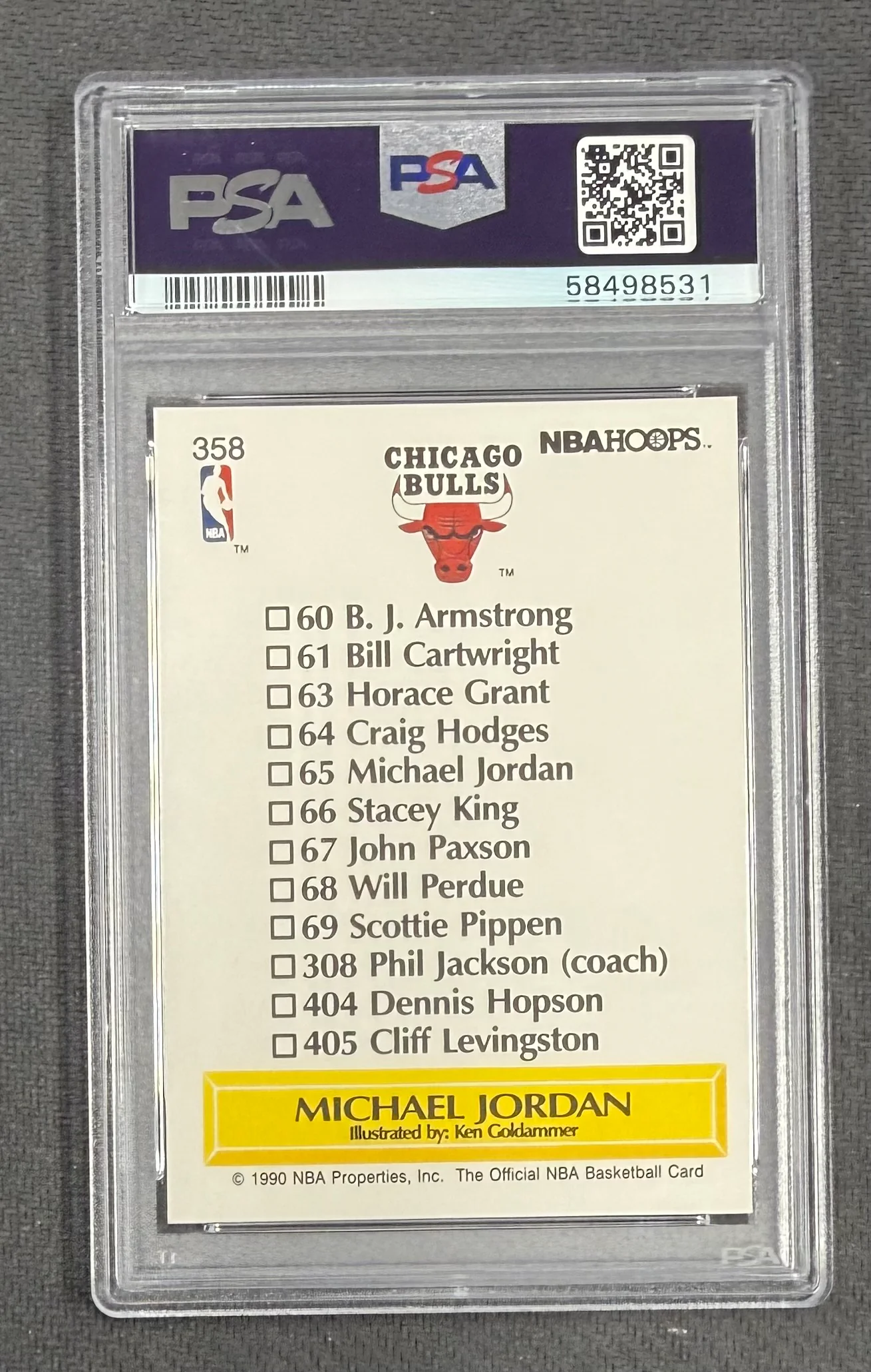 Michael Jordan 1990 Hoops Team Checklist Chicago Bulls Basketball Card #358 Graded PSA 8 Cert #58498531 - Image 2
