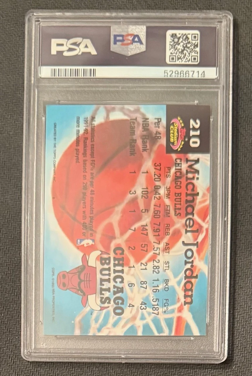 Michael Jordan 1992 Topps Stadium Club Chicago Bulls Basketball Card #210 Graded PSA 7 Cert #52966714 - Image 2