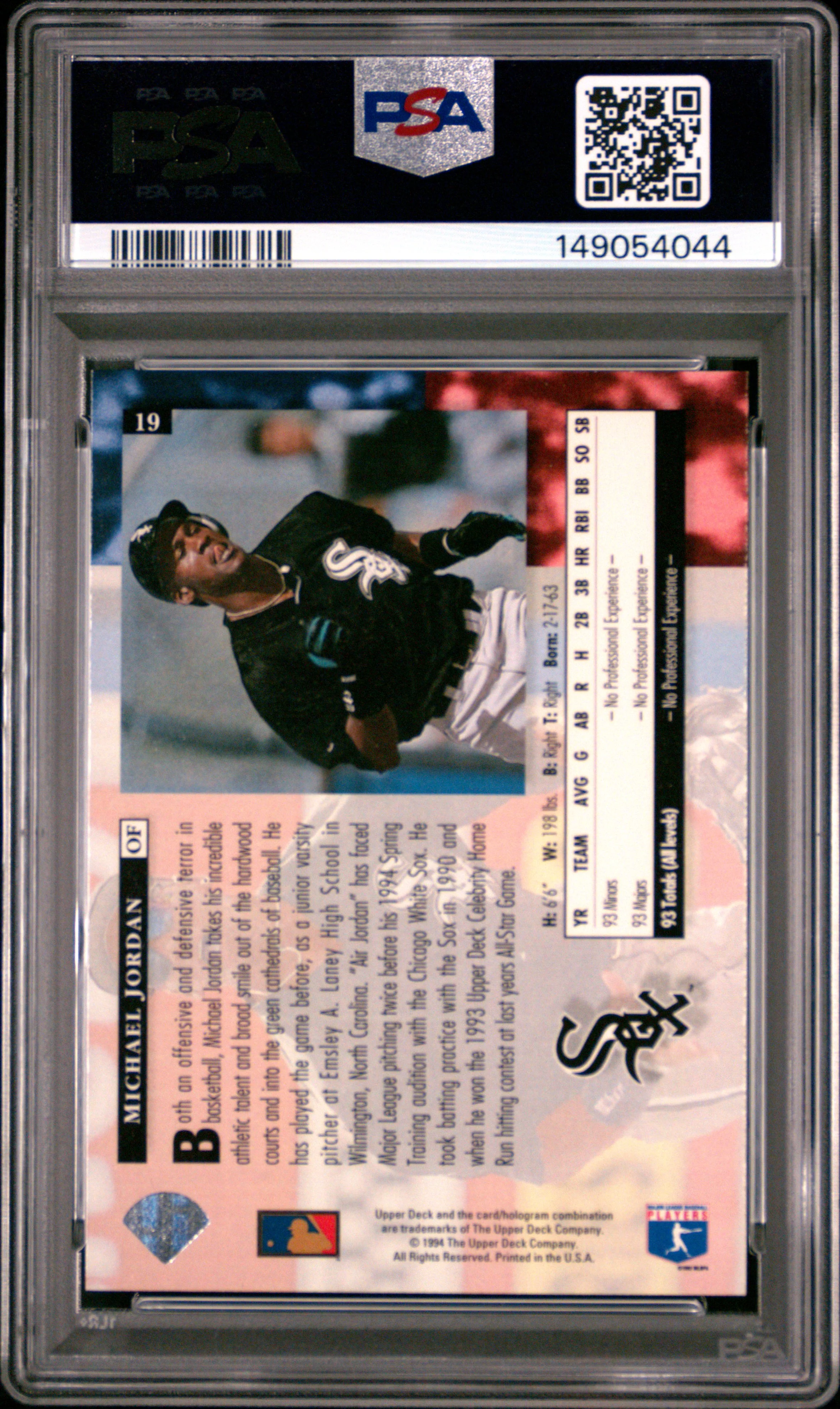 Michael Jordan 1994 Upper Deck Star Chicago White Sox Baseball Card #19 Graded PSA 9 Cert #149054044 - Image 2