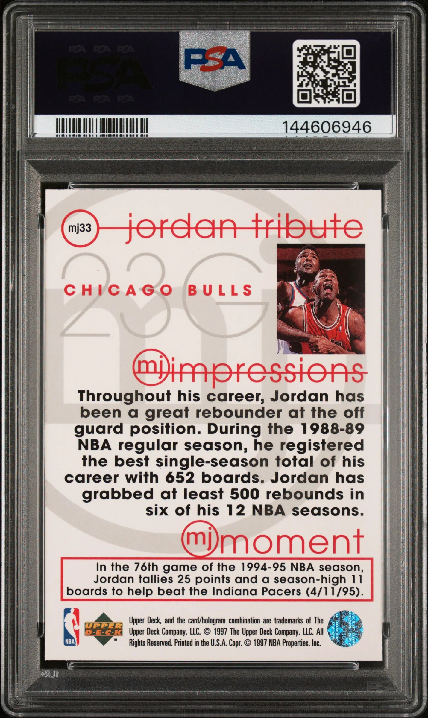 Michael Jordan 1996 Upper Deck Jordan Tribute MJ Impressions Chicago Bulls Basketball Card #MJ33 Graded PSA 9 Cert #144606946 - Image 2