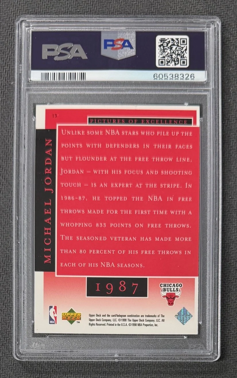Michael Jordan 1998 Upper Deck MJ Career Collection Pictures of Excellence Basketball Card #13 Graded PSA 9 Cert #60538326 - Image 2