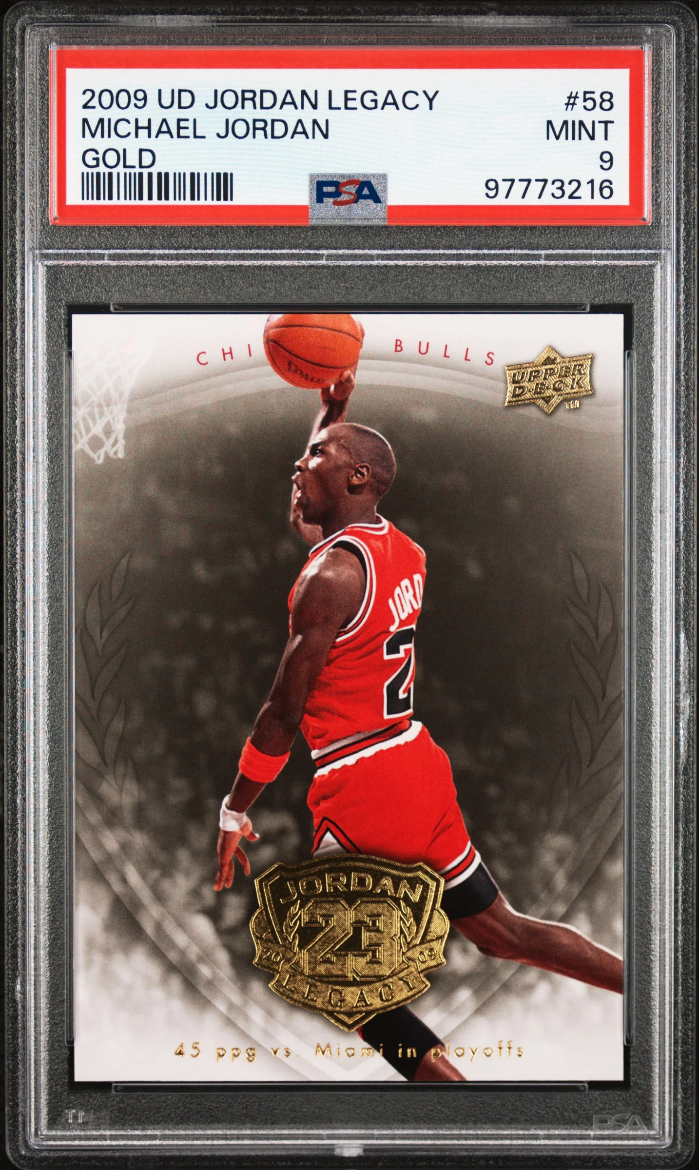 Michael Jordan 2009 Upper Deck Jordan Legacy Gold Chicago Bulls Basketball Card #58 Graded PSA 9 Cert #97773216