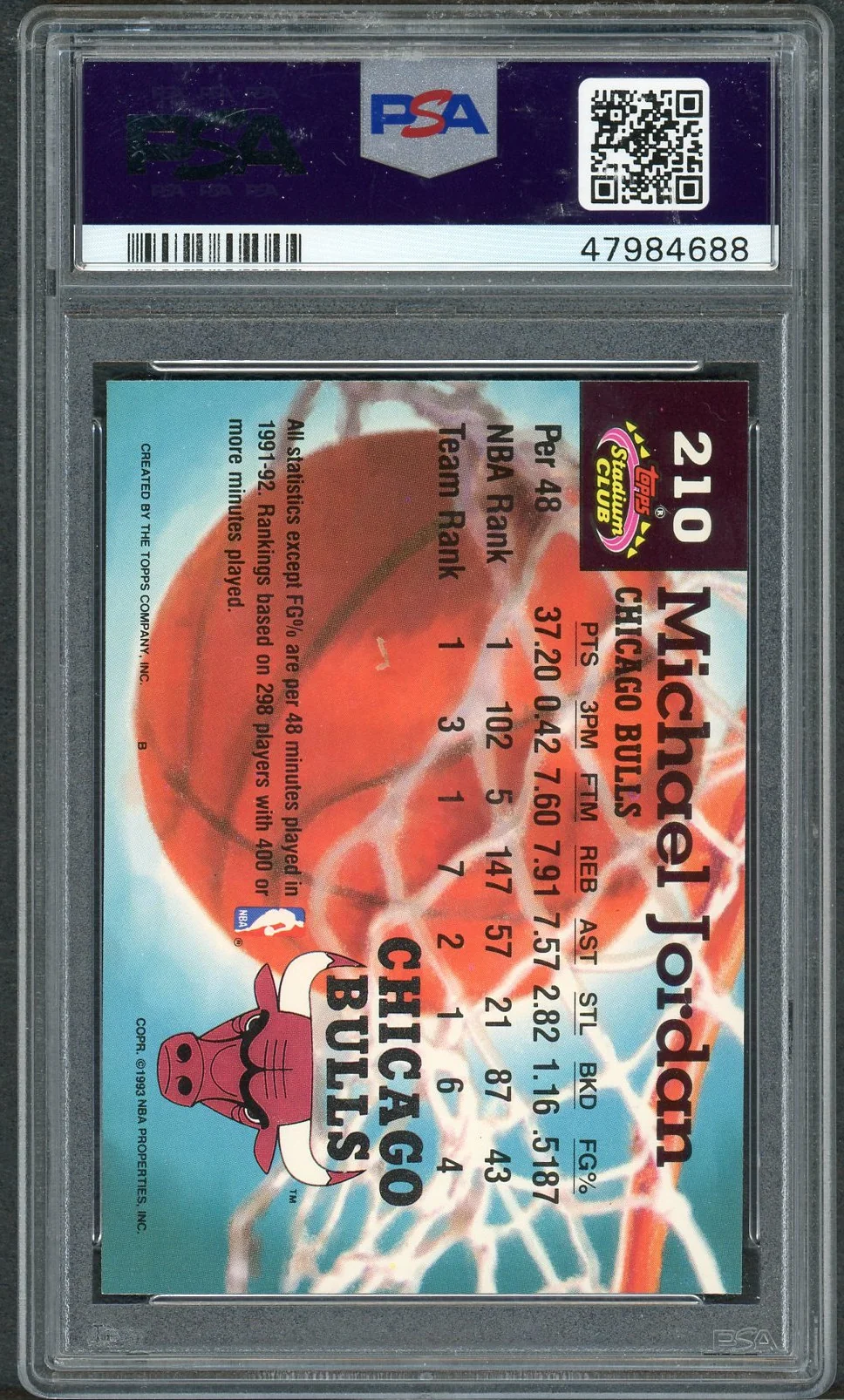 Michael Jordan 1992 Topps Stadium Club Basketball Card #210 Graded PSA 9 MINT - Image 2