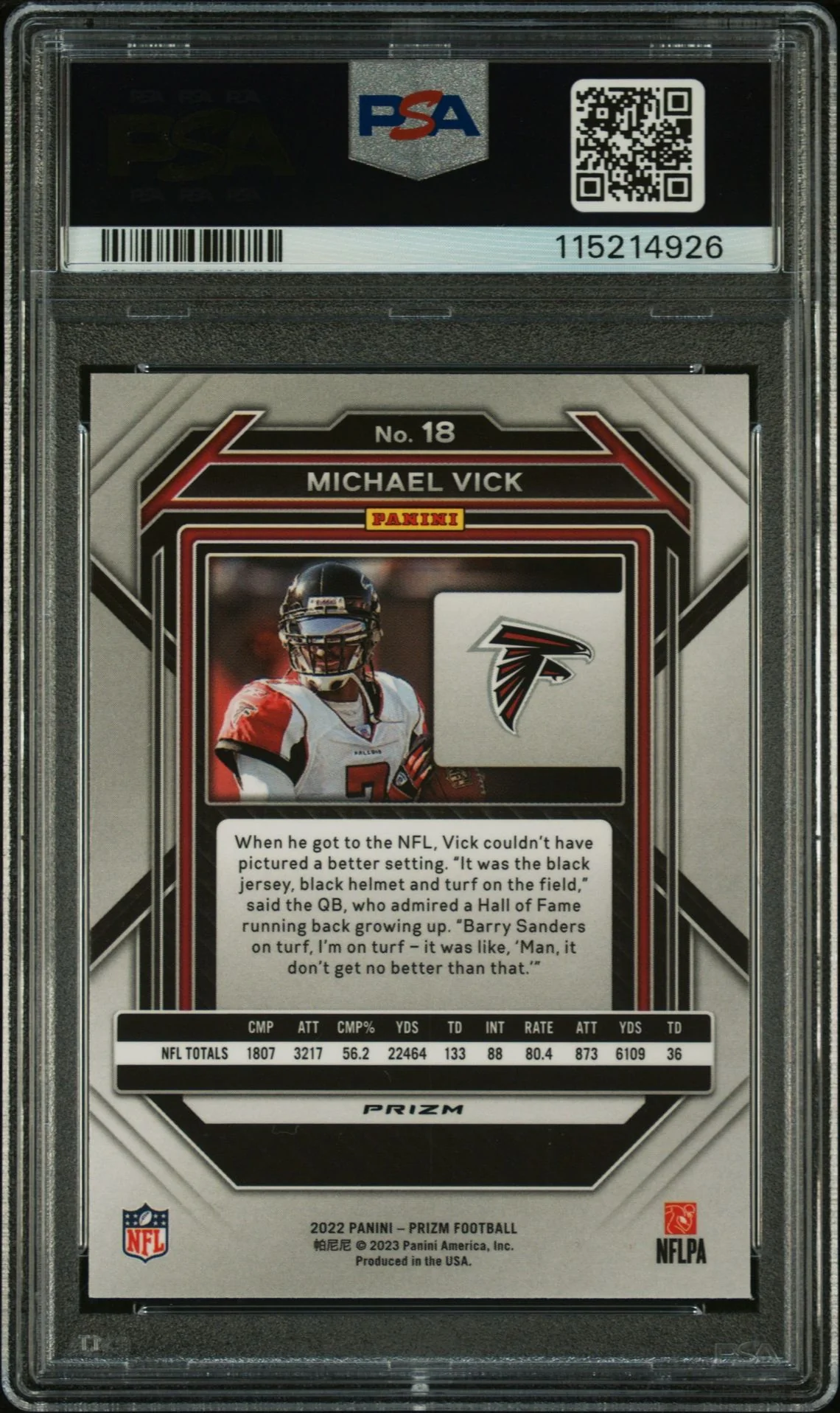 Michael Vick 2022 Panini Prizm Red Signed Football Card #18 Auto Graded PSA 9 Cert # 115214926 - Image 2