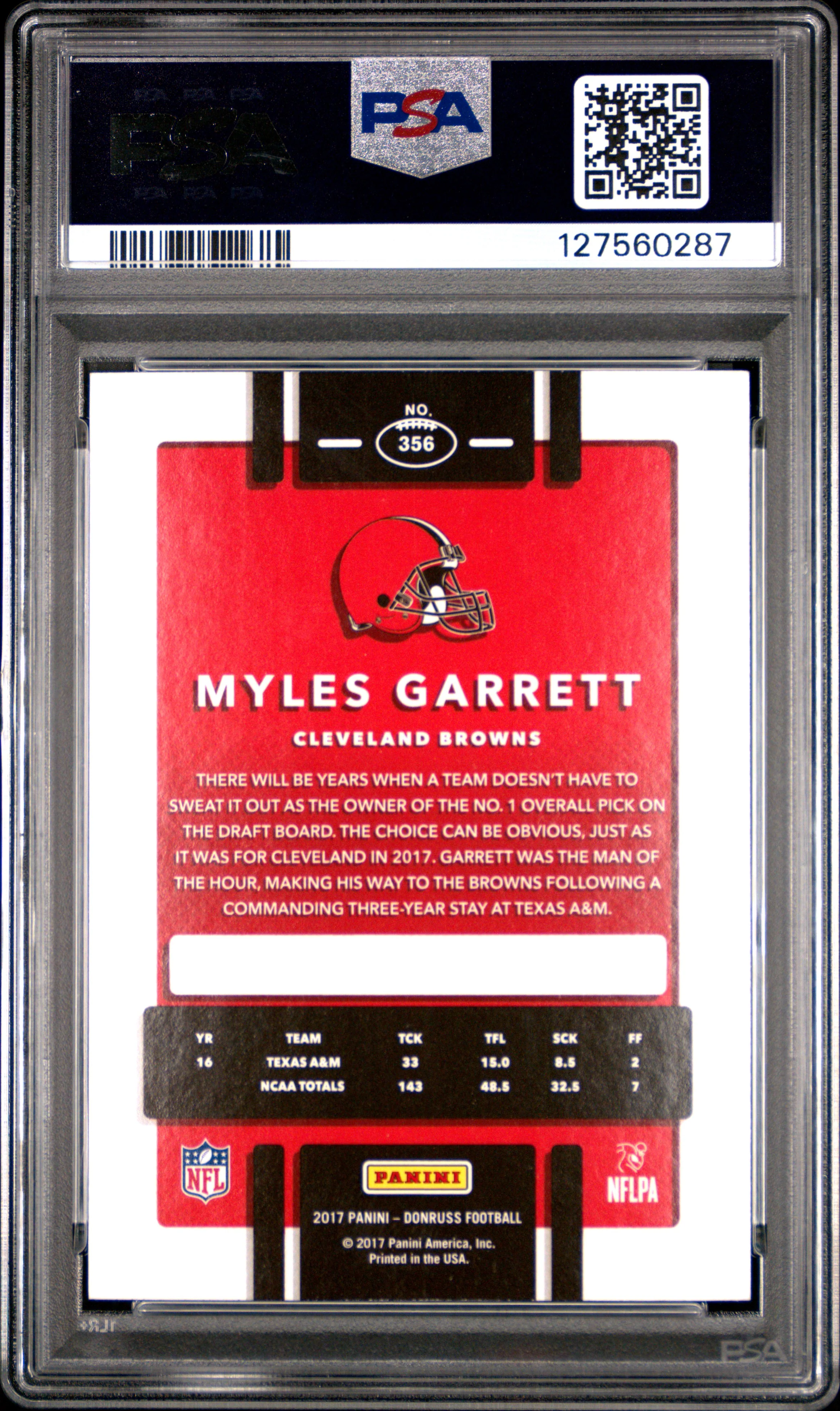 Myles Garrett 2017 Panini Donruss Cleveland Browns Football RC Rookie Card #356 Graded PSA 9 Cert #127560287 - Image 2