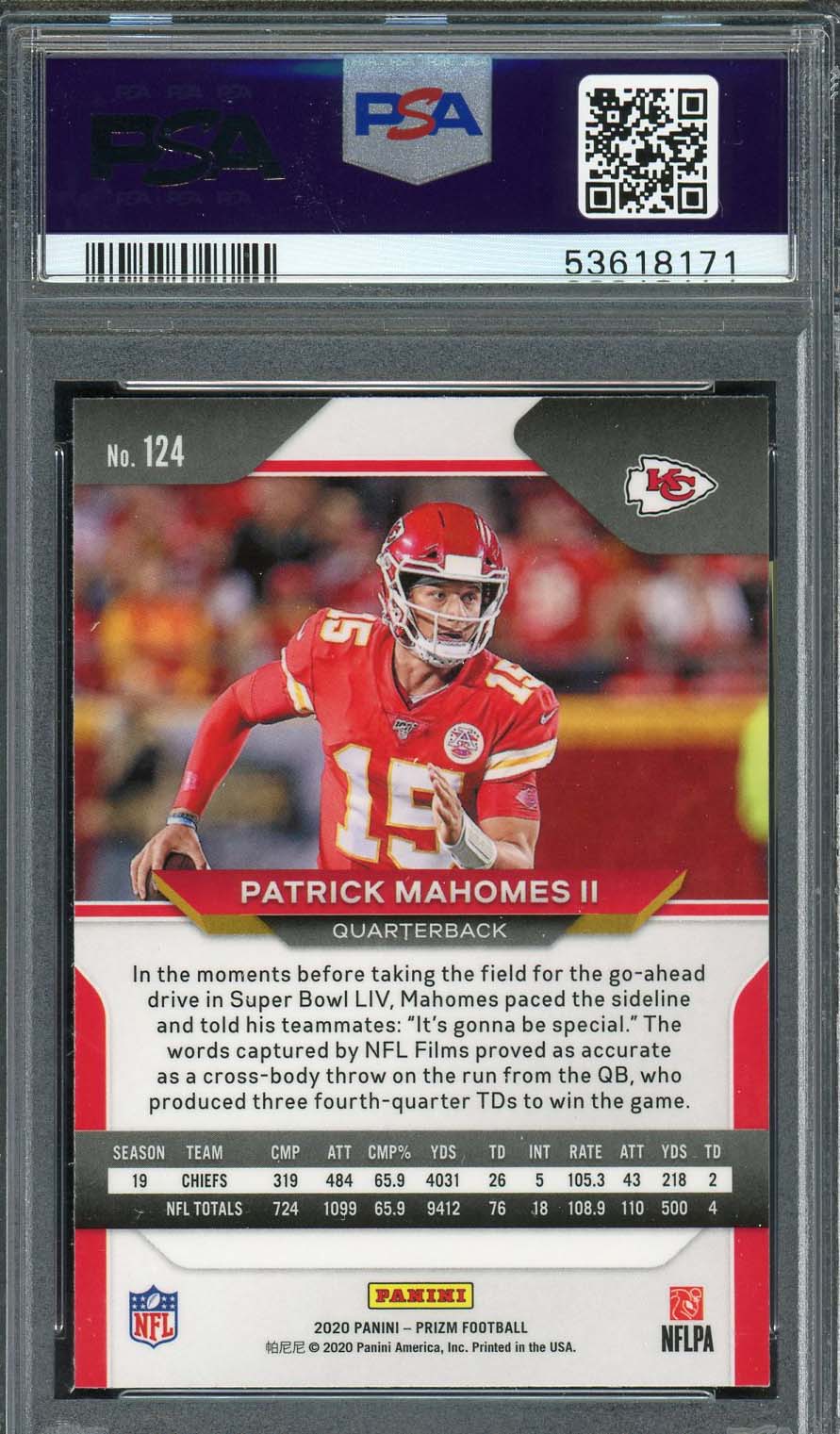 Patrick Mahomes 2020 Panini Prizm Football Card #124 Graded PSA 10 - Image 2