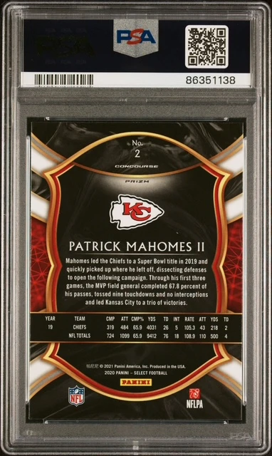 Patrick Mahomes II 2020 Panini Select Silver Prizm Kansas City Chiefs Football Card #2 Graded PSA 10 Cert #86351138 - Image 2