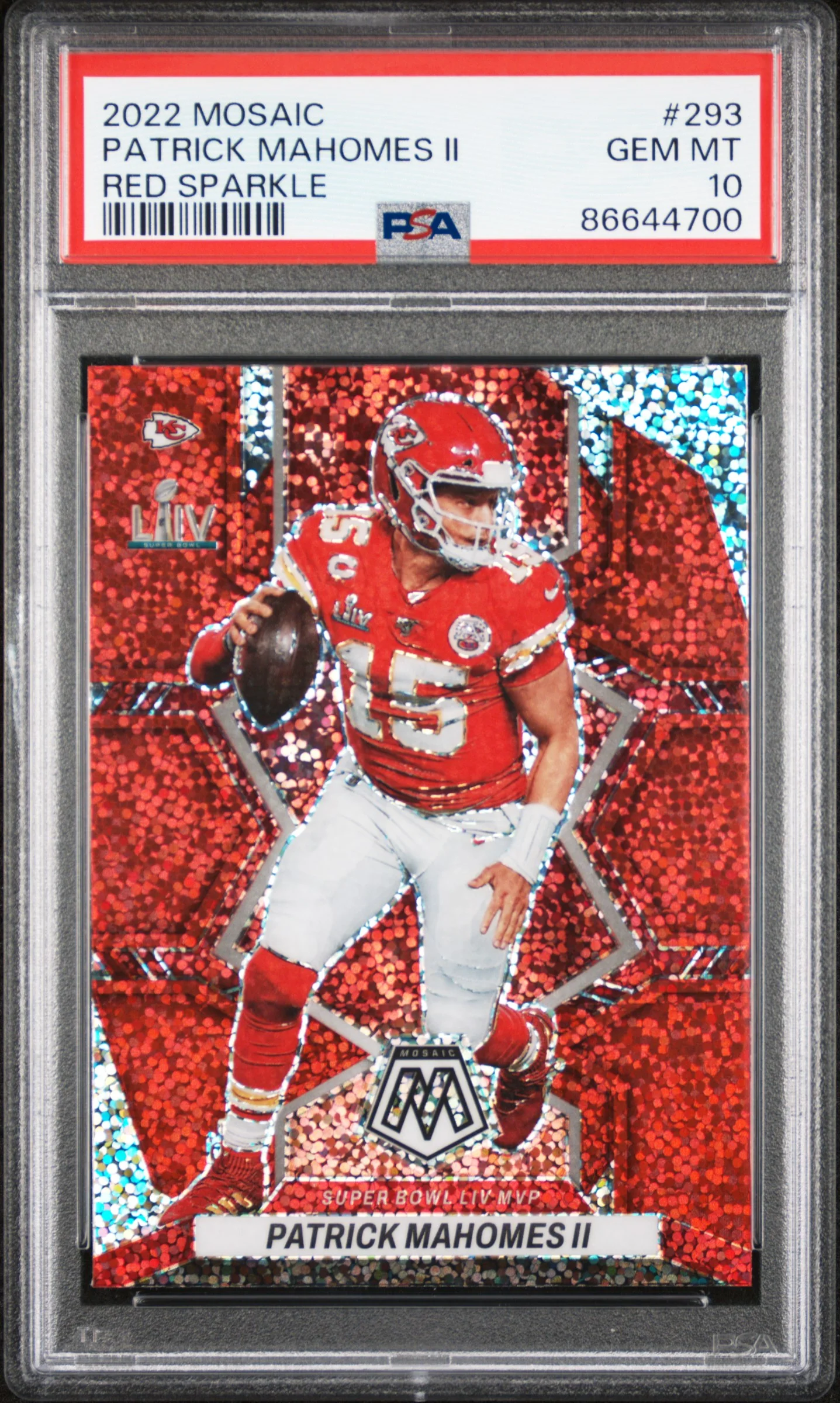 Patrick Mahomes II 2022 Mosaic Red Sparkle Super Bowl LIV MVP Kansas City Chiefs Football Card #293 Graded PSA 10 Cert #86644700