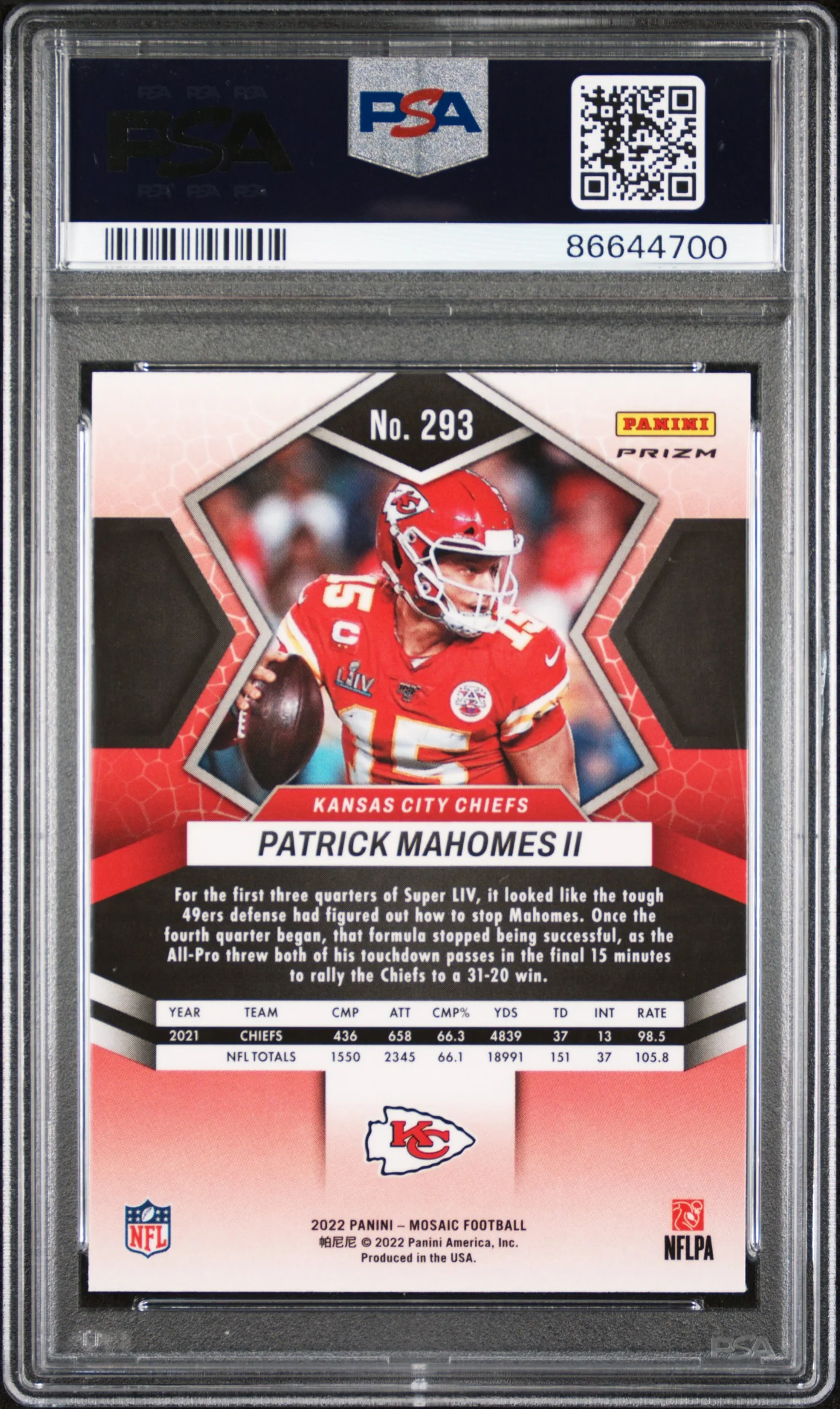 Patrick Mahomes II 2022 Mosaic Red Sparkle Super Bowl LIV MVP Kansas City Chiefs Football Card #293 Graded PSA 10 Cert #86644700 - Image 2